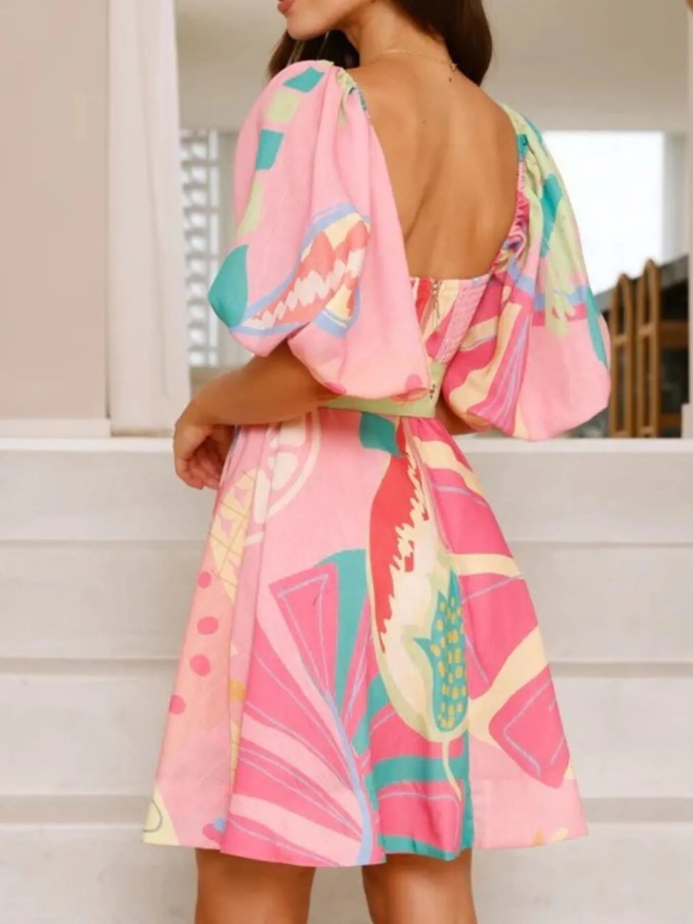 Plus Size Printed Square Neck Tie Back Maxi Dress with Pockets.