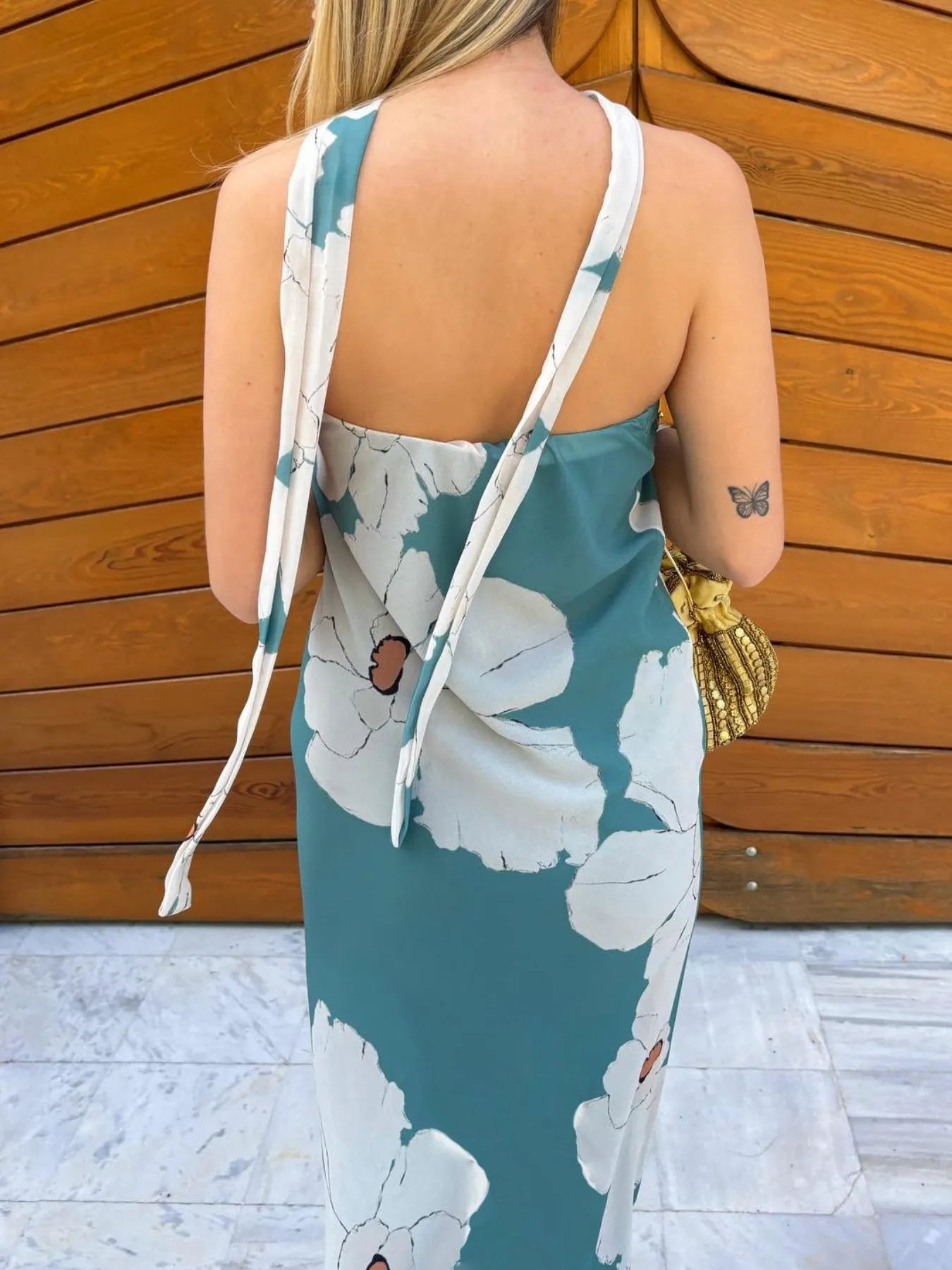 Printed V-Neck Cami Dress - Backless & Cutout.