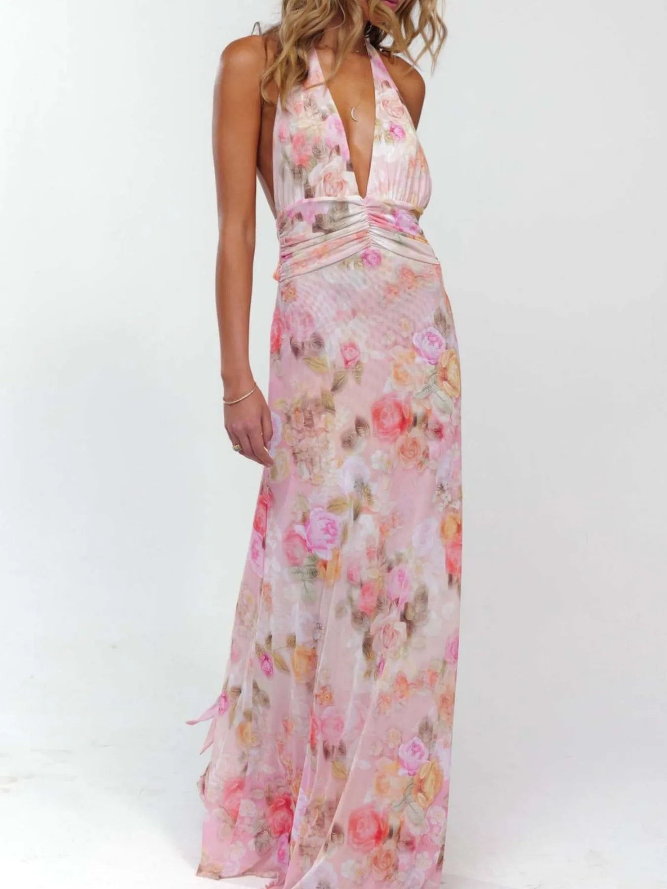 Floral Halter Neck Deep V Maxi Dress - Backless & Ruched.