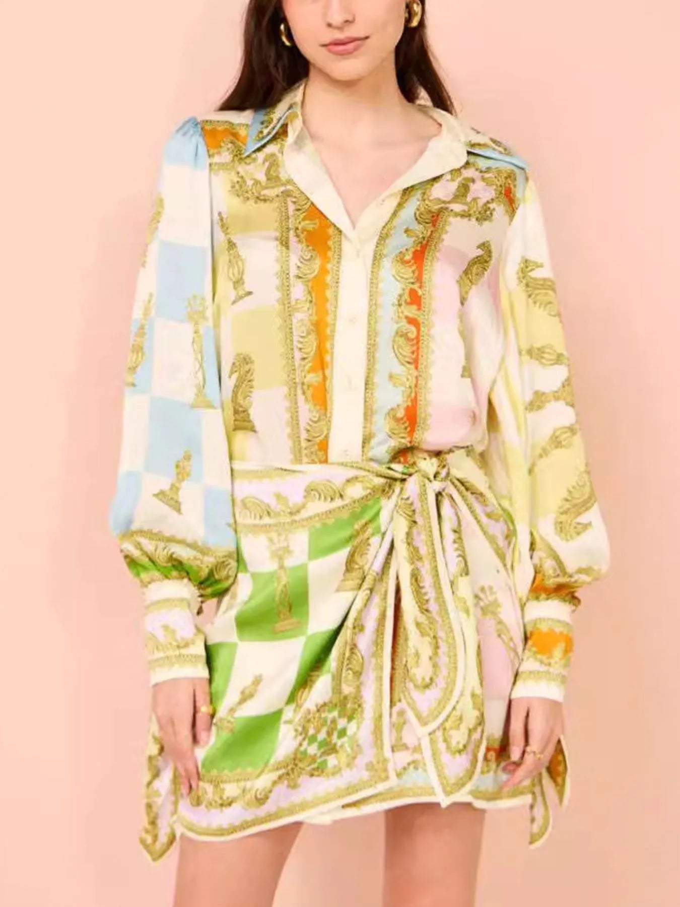 Printed Long Sleeve Mini Dress with Belt - Ruffled & Ruched.