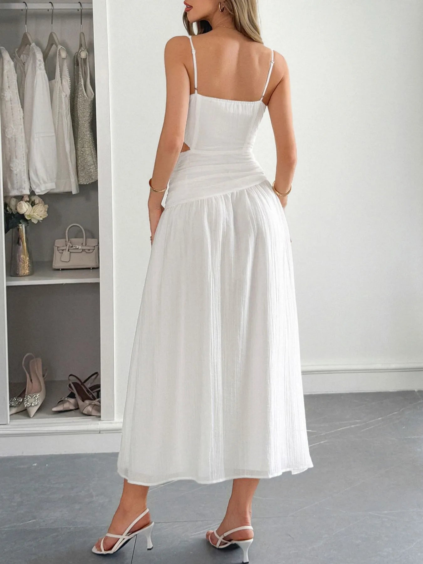 Cutout V-Neck Sleeveless Midi Dress - Ruched.