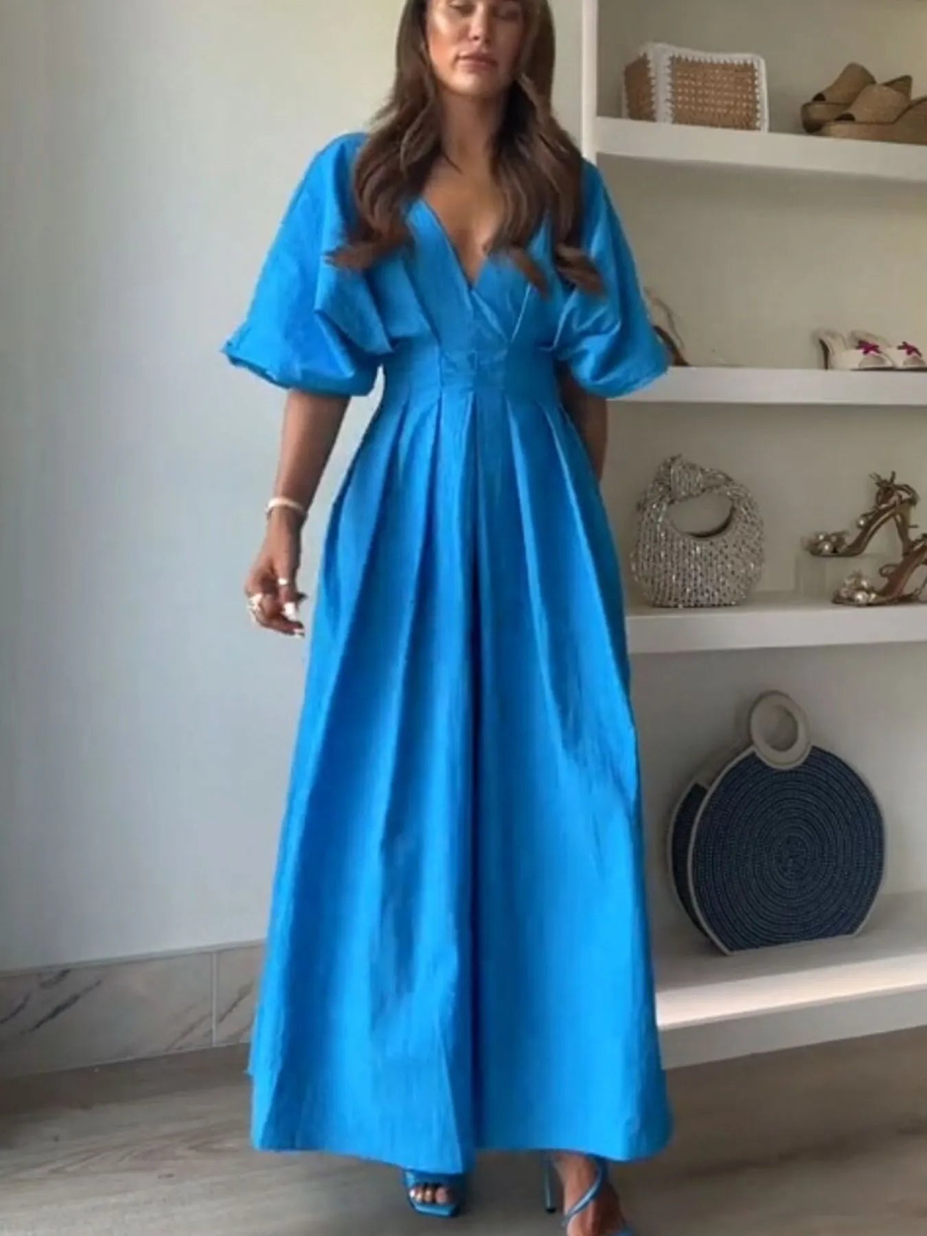 V-Neck Ruffle Sleeve Mini Dress.