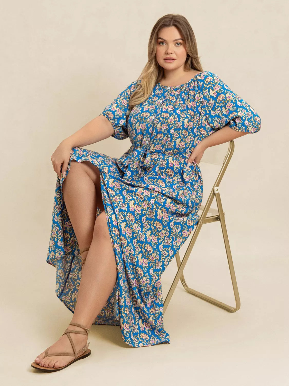 Plus Size Floral Print V-Neck Maxi Dress with Flutter Sleeves - Tiered.