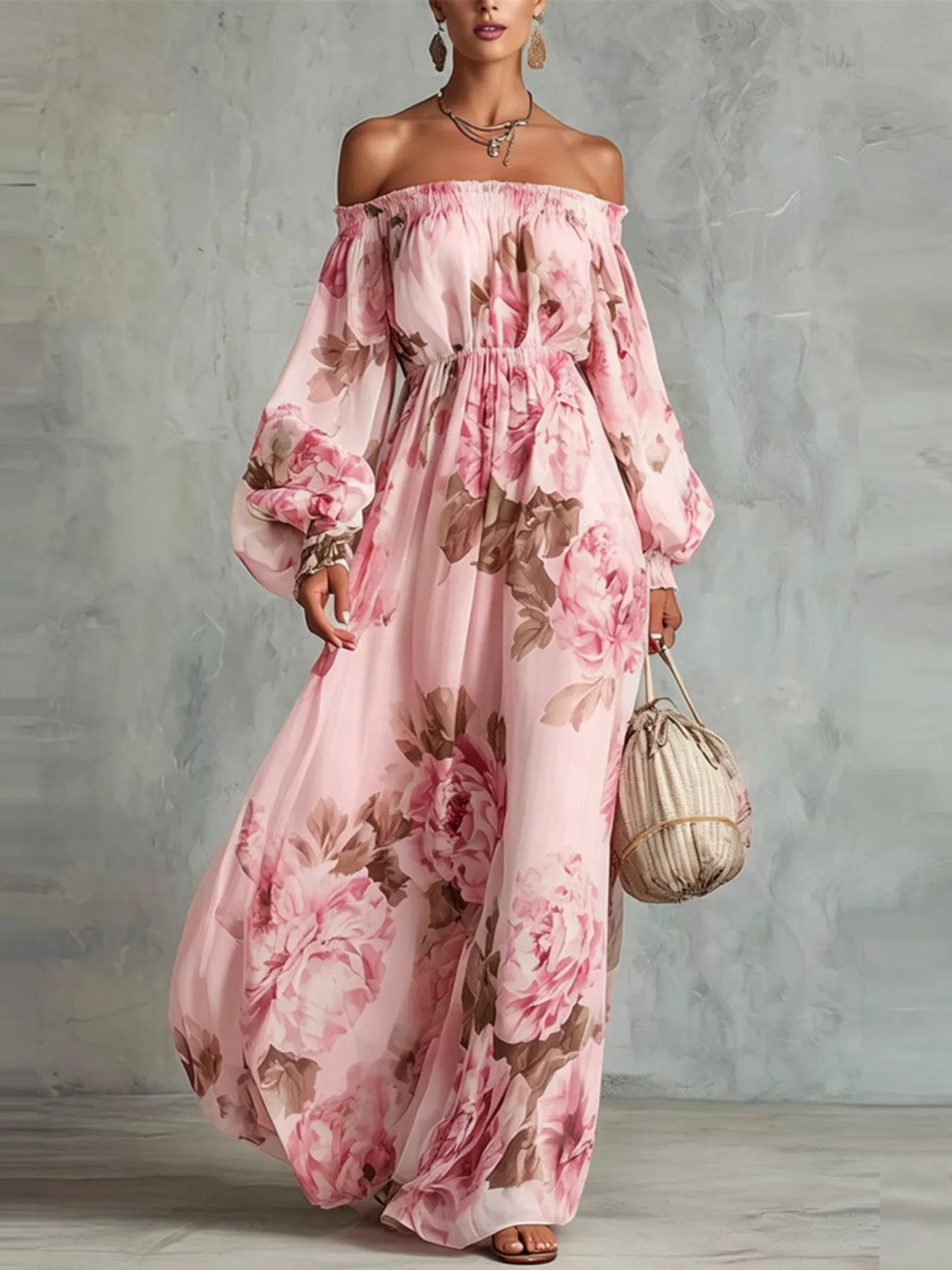 White floral off-shoulder maxi dress with smocked waist, ruffled details, and long flowy sleeves
