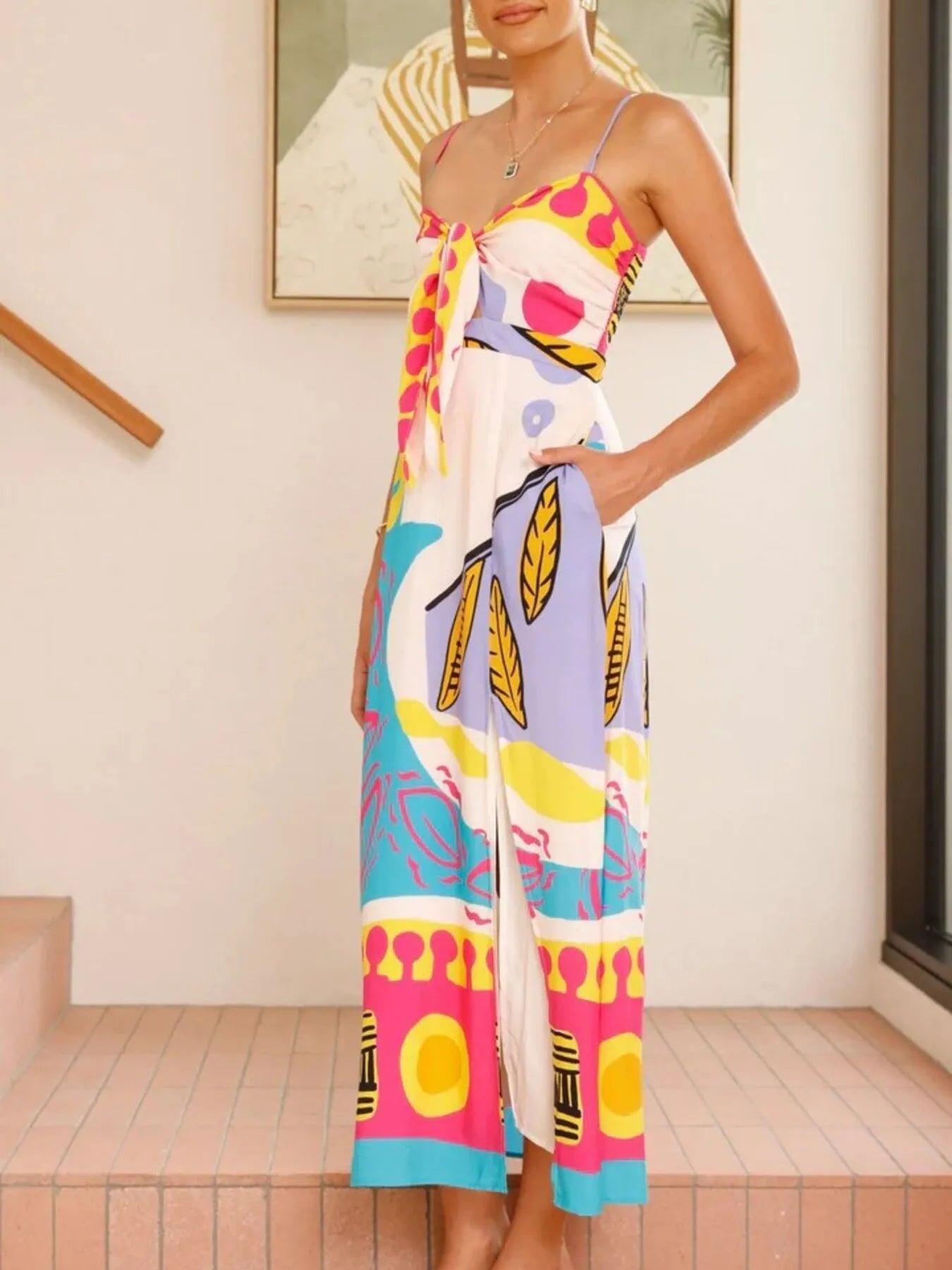 Tie-Dye Tie Waist Wrap Dress with Slit.