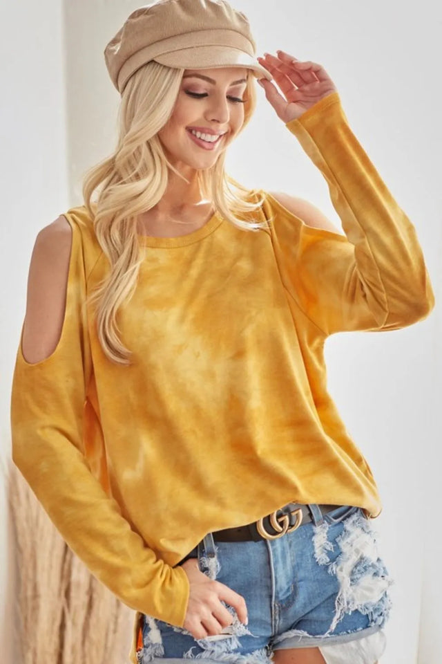Tie-Dye French Terry Round Neck Cold Shoulder T-Shirt