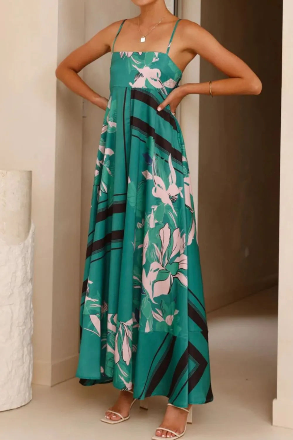 Printed Square Neck Maxi Cami Dress - Basic.