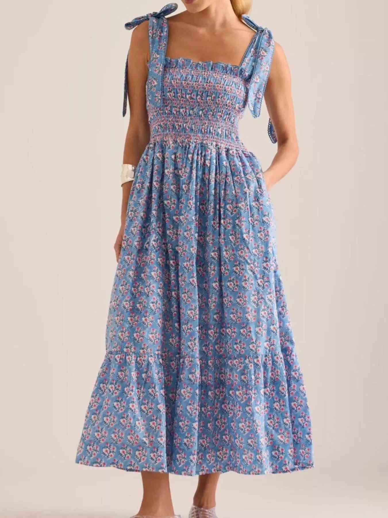 Floral Square Neck Puff Sleeve Maxi Dress with Ruffle Hem.