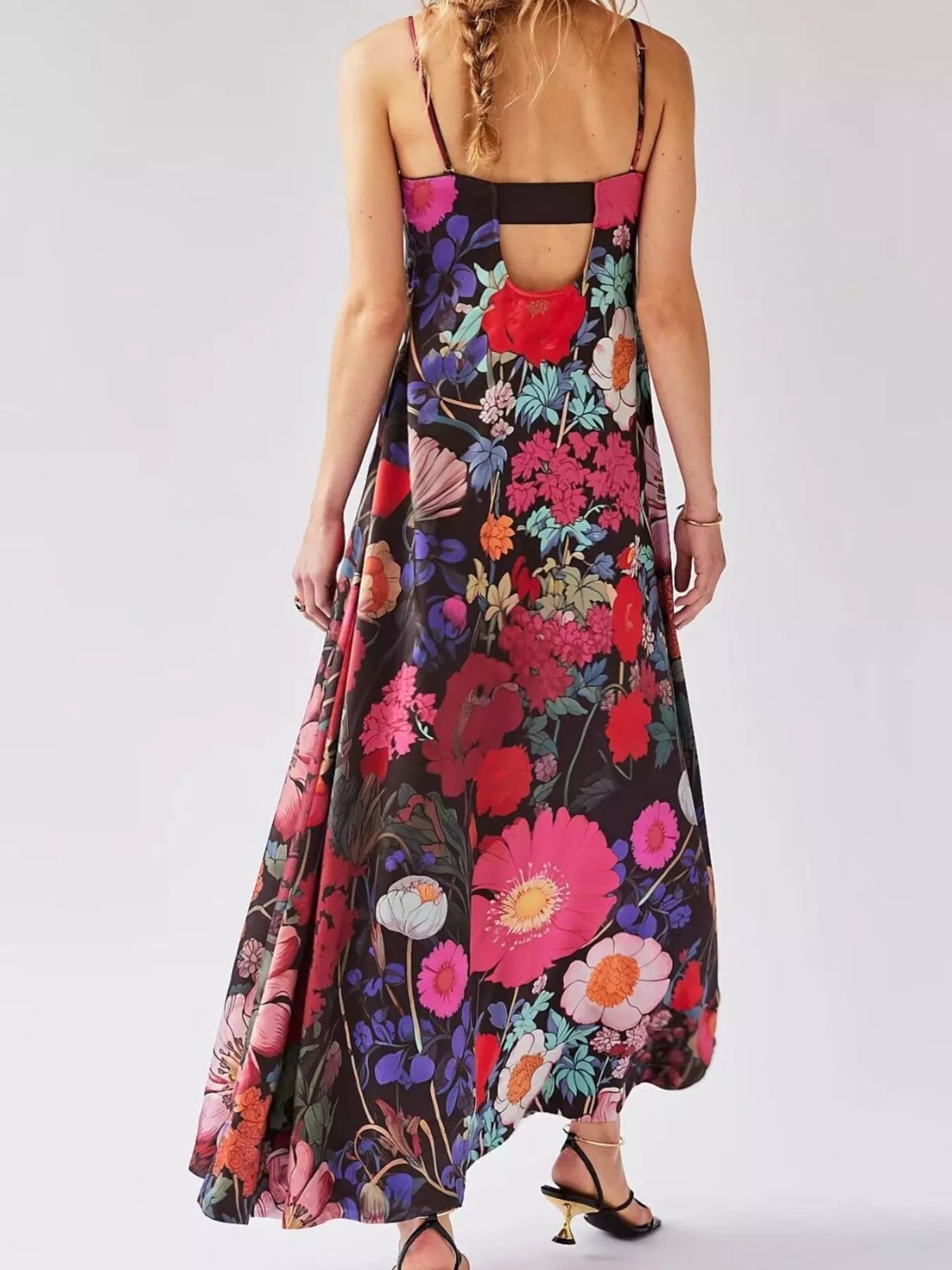 Floral Print Smocked Midi Dress with Front Slit - Ruffled & Tied.
