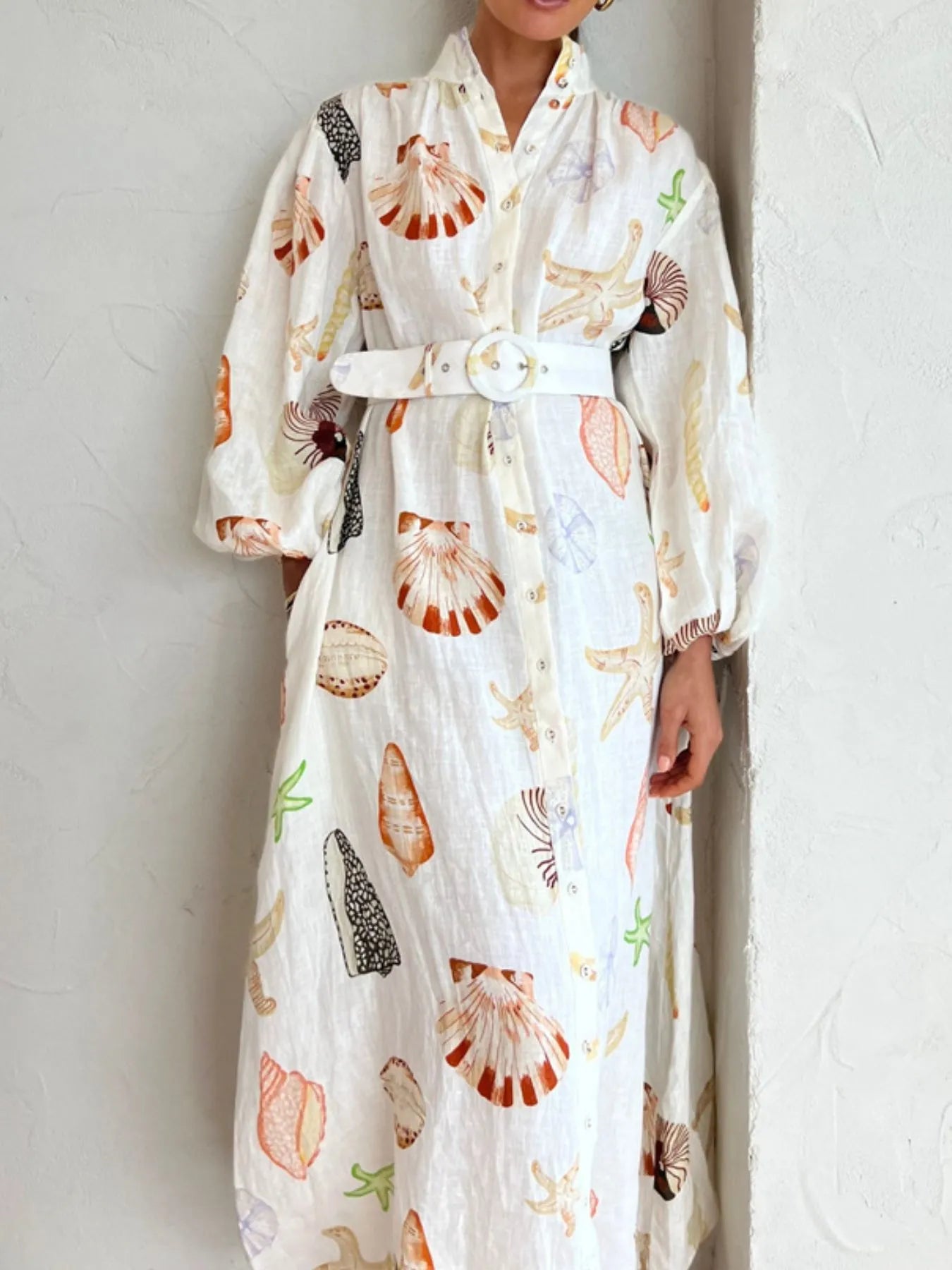 Printed Balloon Sleeve Maxi Shirt Dress with Belt.