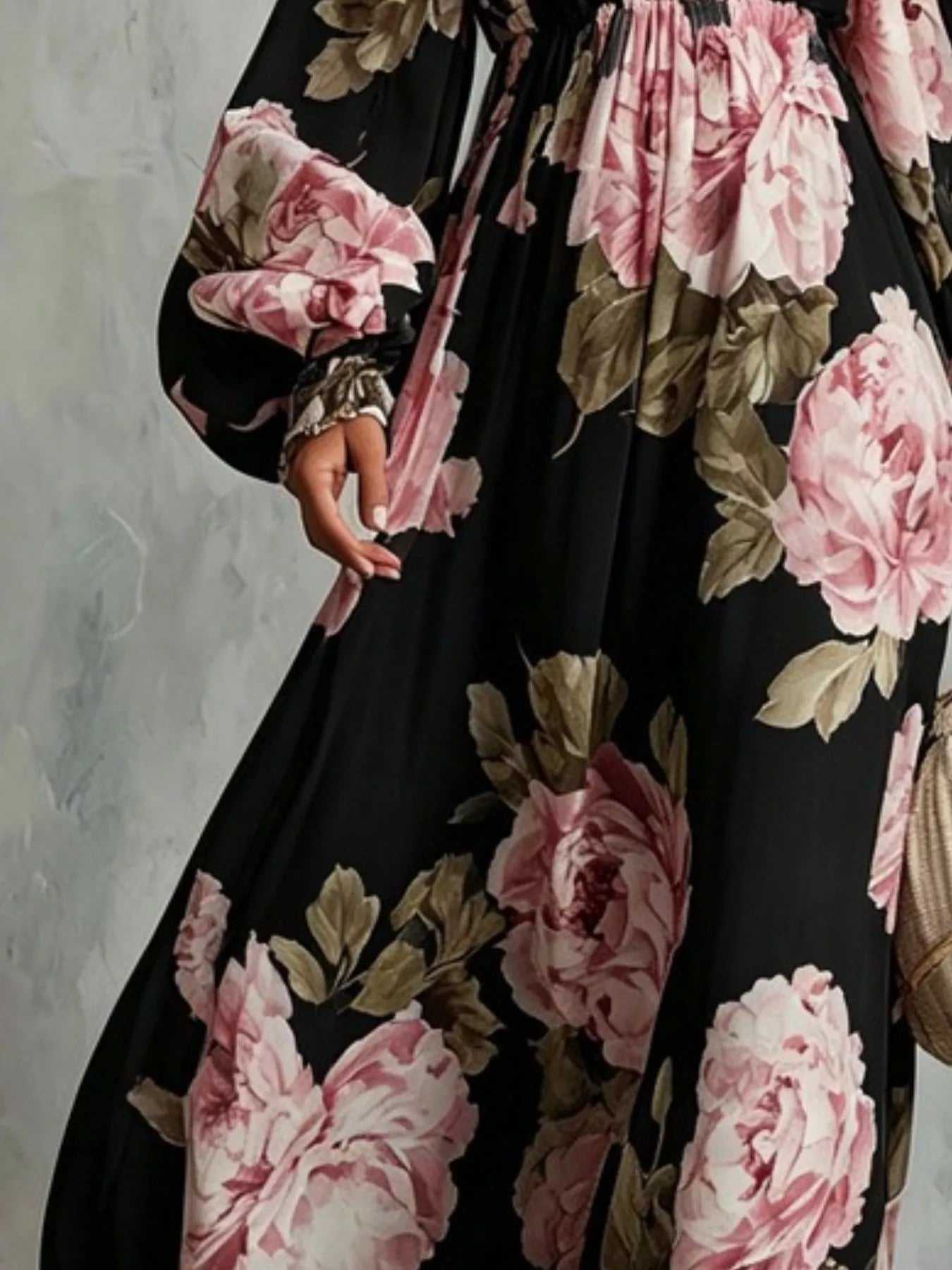 White floral off-shoulder maxi dress with smocked waist, ruffled details, and long flowy sleeves