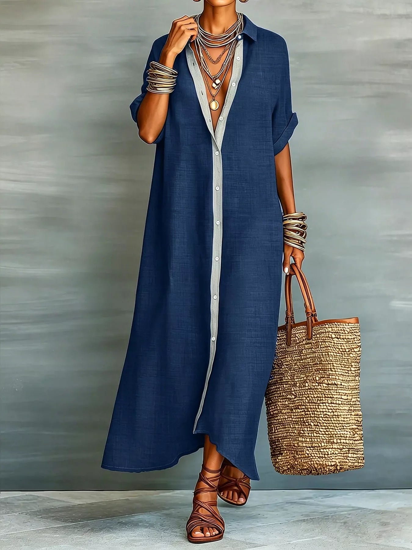 Beige maxi shirt dress with collared neckline, button-down front, short sleeves, and relaxed fit