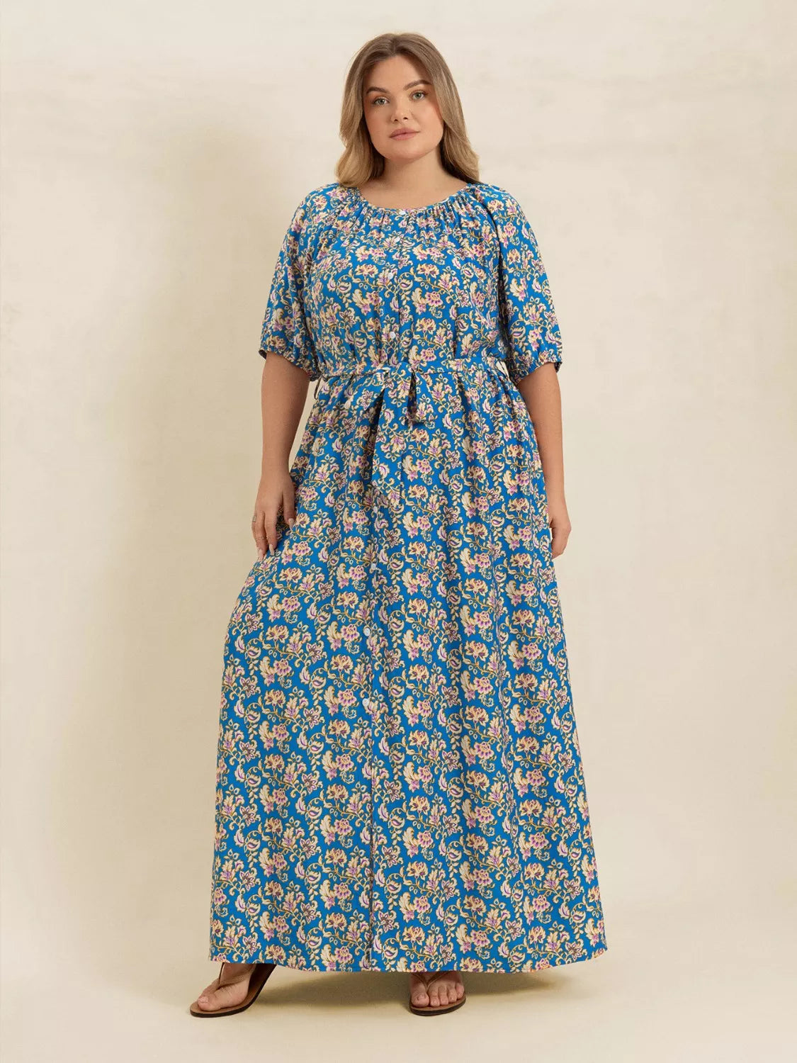 Plus Size Floral Print V-Neck Maxi Dress with Flutter Sleeves - Tiered.