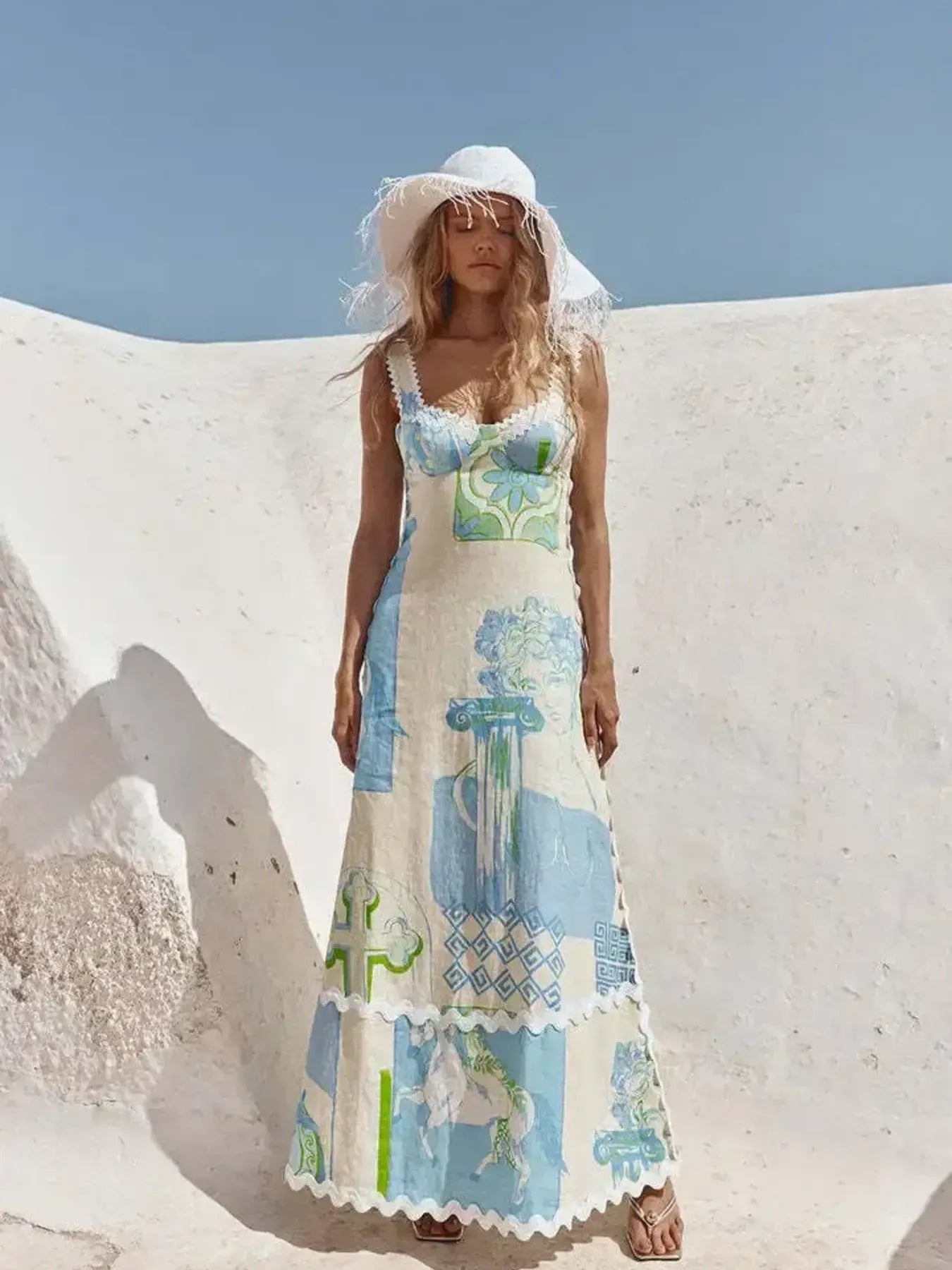 Tied Front Printed Slit Maxi Cami Dress - Smocked.