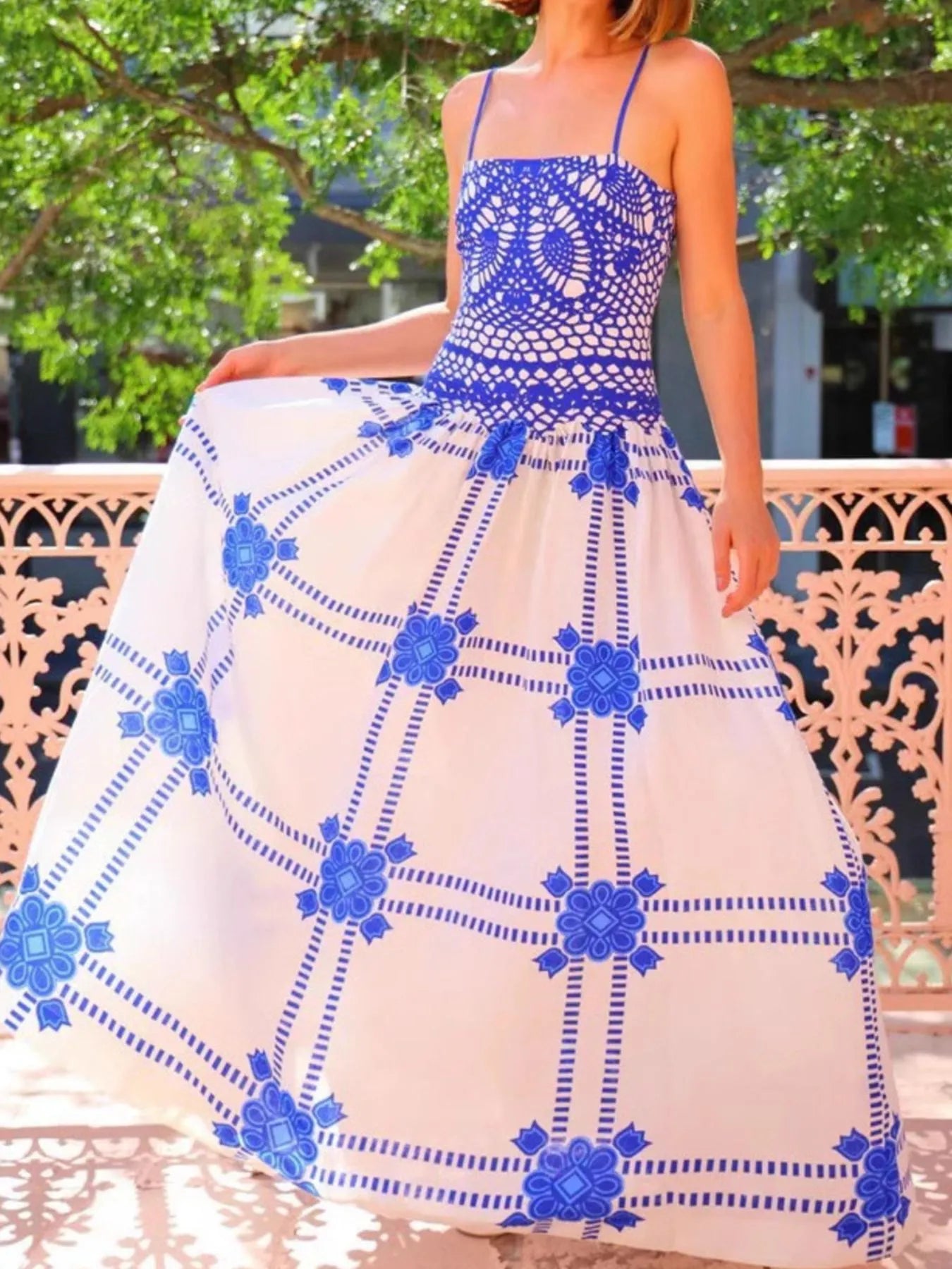 Printed Square Neck Maxi Cami Dress with Pocket and Tie.