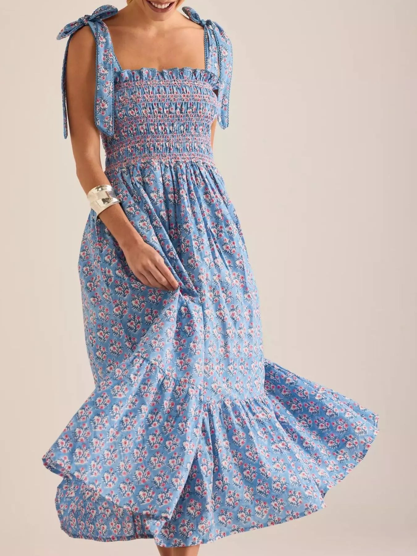Floral Square Neck Puff Sleeve Maxi Dress with Ruffle Hem.