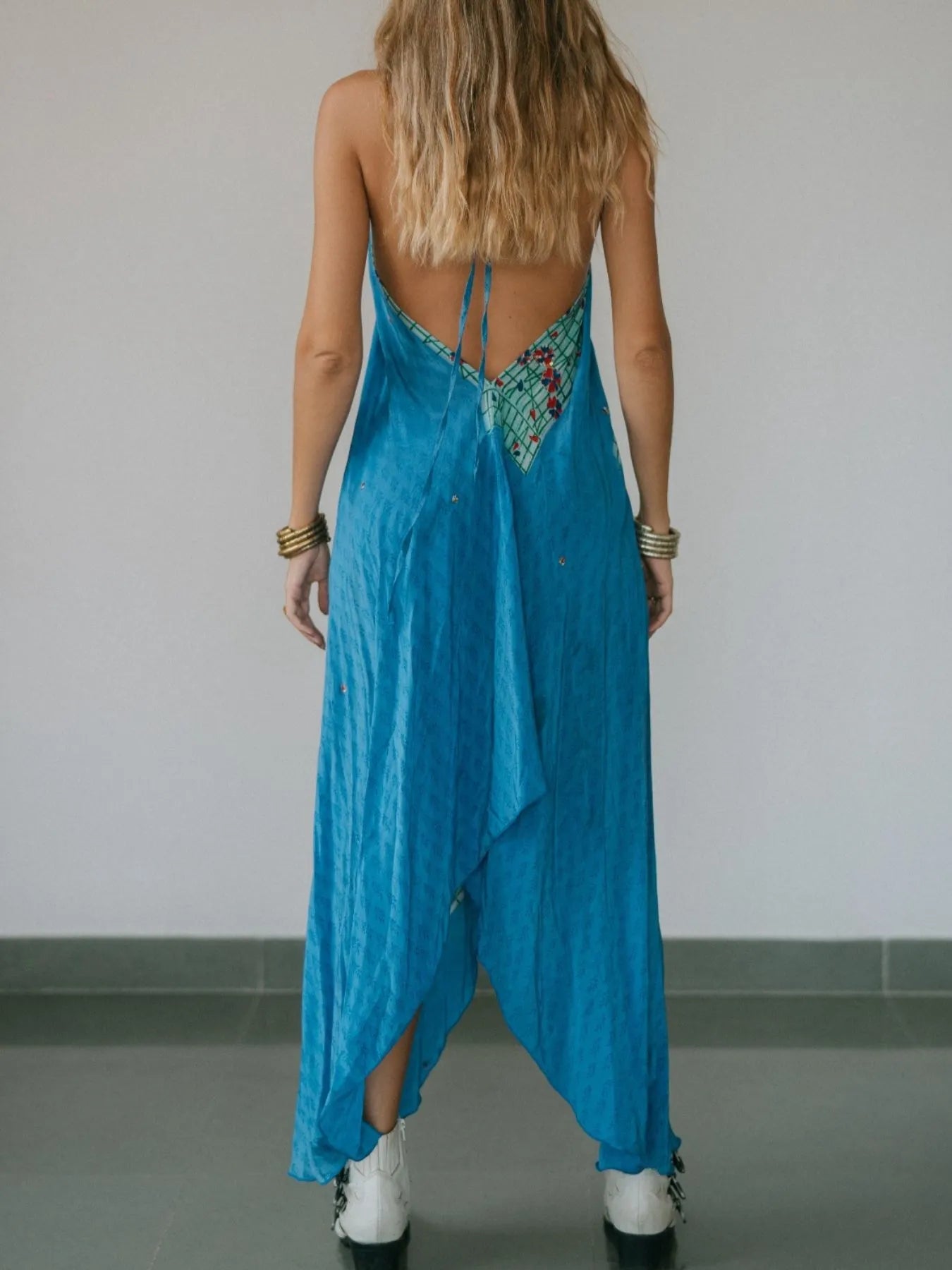 Backless Printed Halter Neck Maxi Dress - Tied.