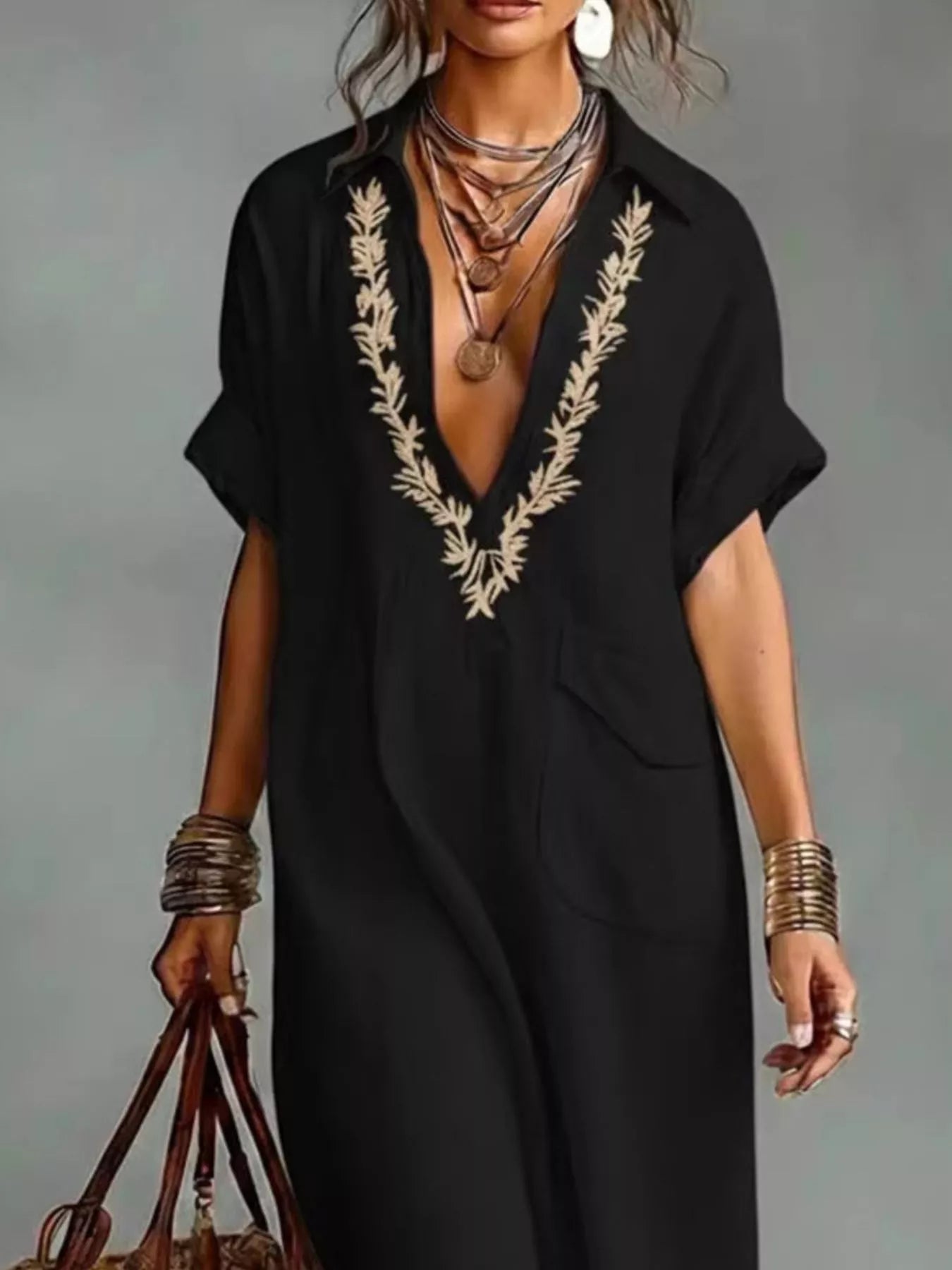 Bohemian embroidered maxi dress with short sleeves and V-neck, shown in apricot, black, blue, green and yellow