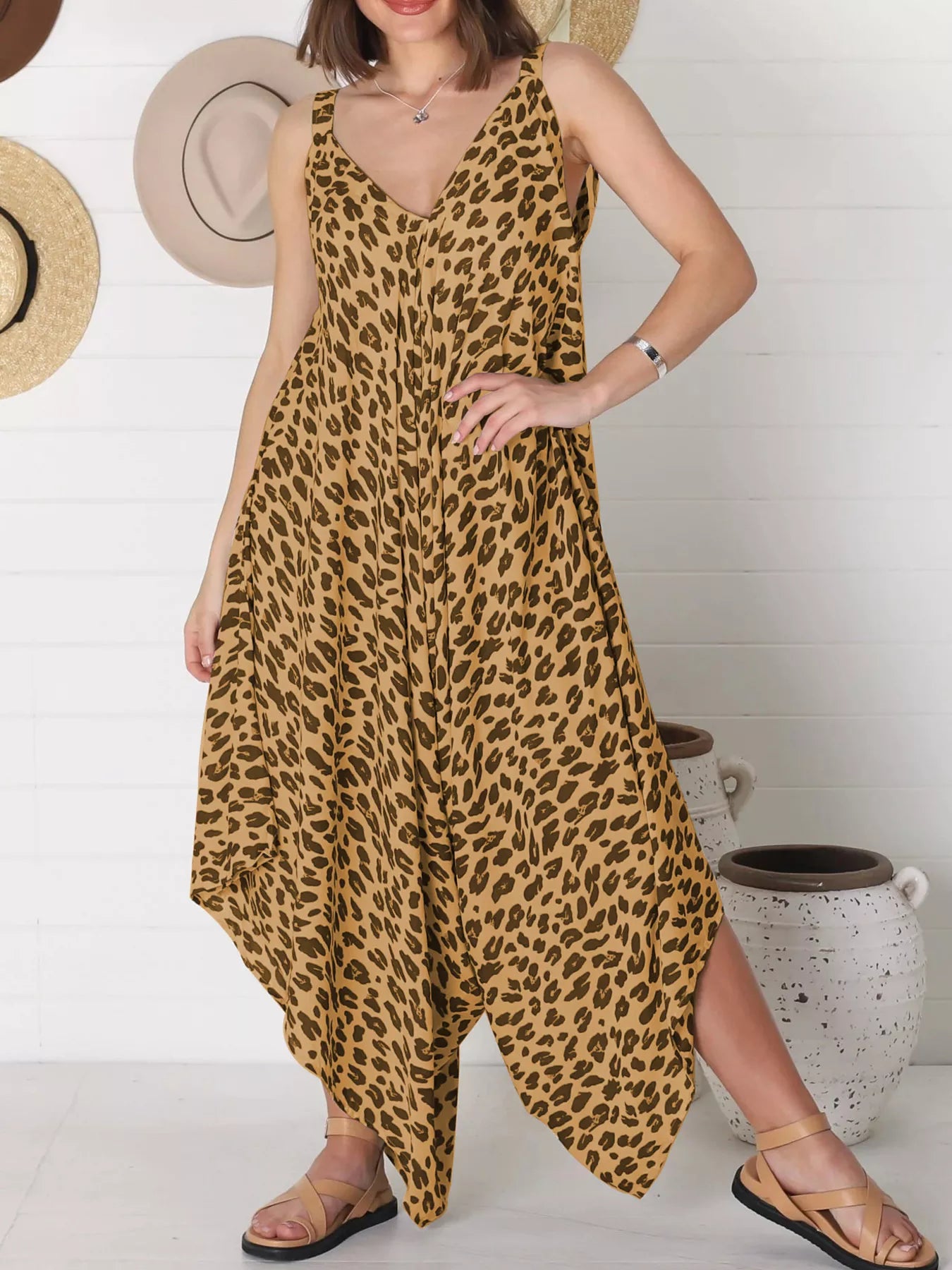 Plus Size Leopard Print V-Neck Wide Leg Jumpsuit with Tie.