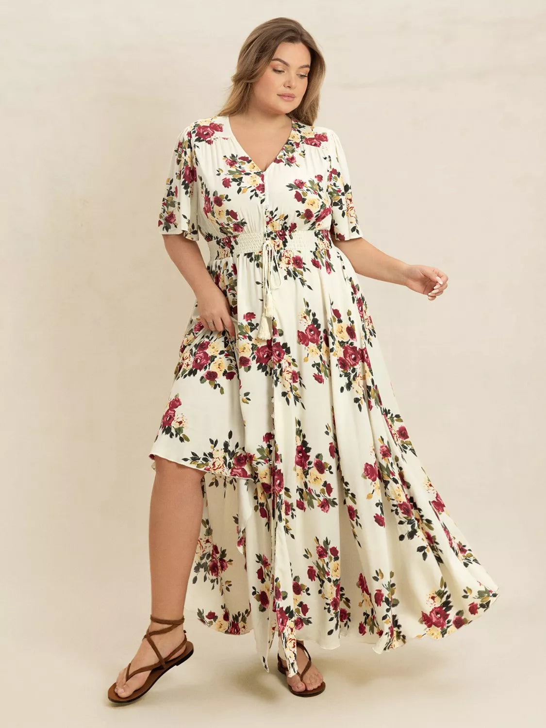 Plus Size Floral Print Maxi Dress with Side Slit and Tied Waist.
