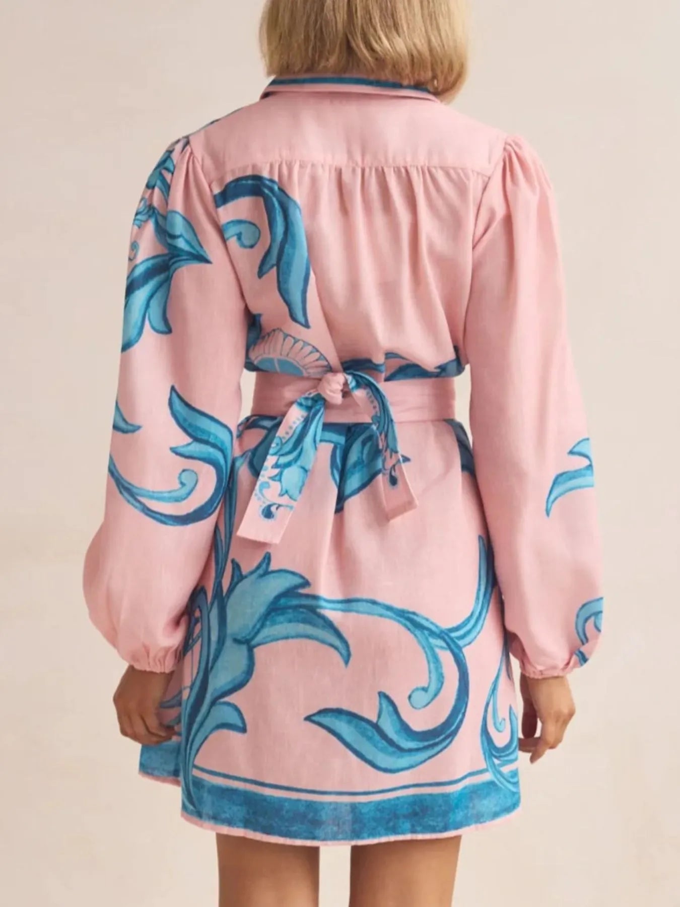 Printed Long Sleeve Shirt Dress with Tied Detail.