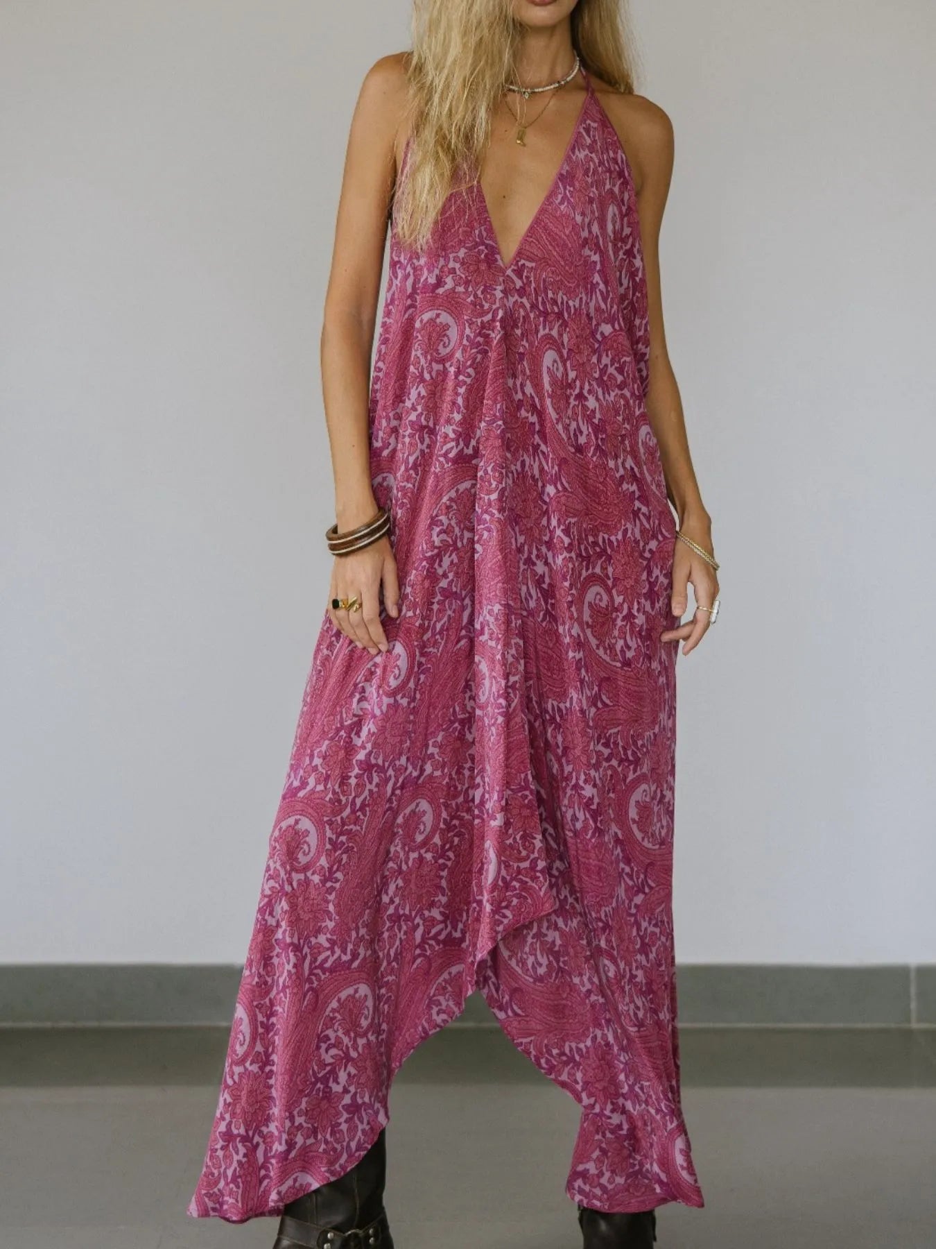 Backless Printed Halter Neck Maxi Dress - Tied.