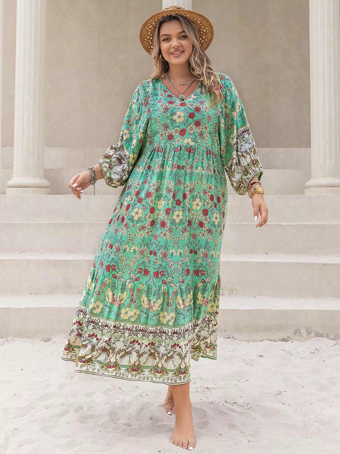 Plus Size Bohemian Floral Tiered Maxi Dress - Basic.