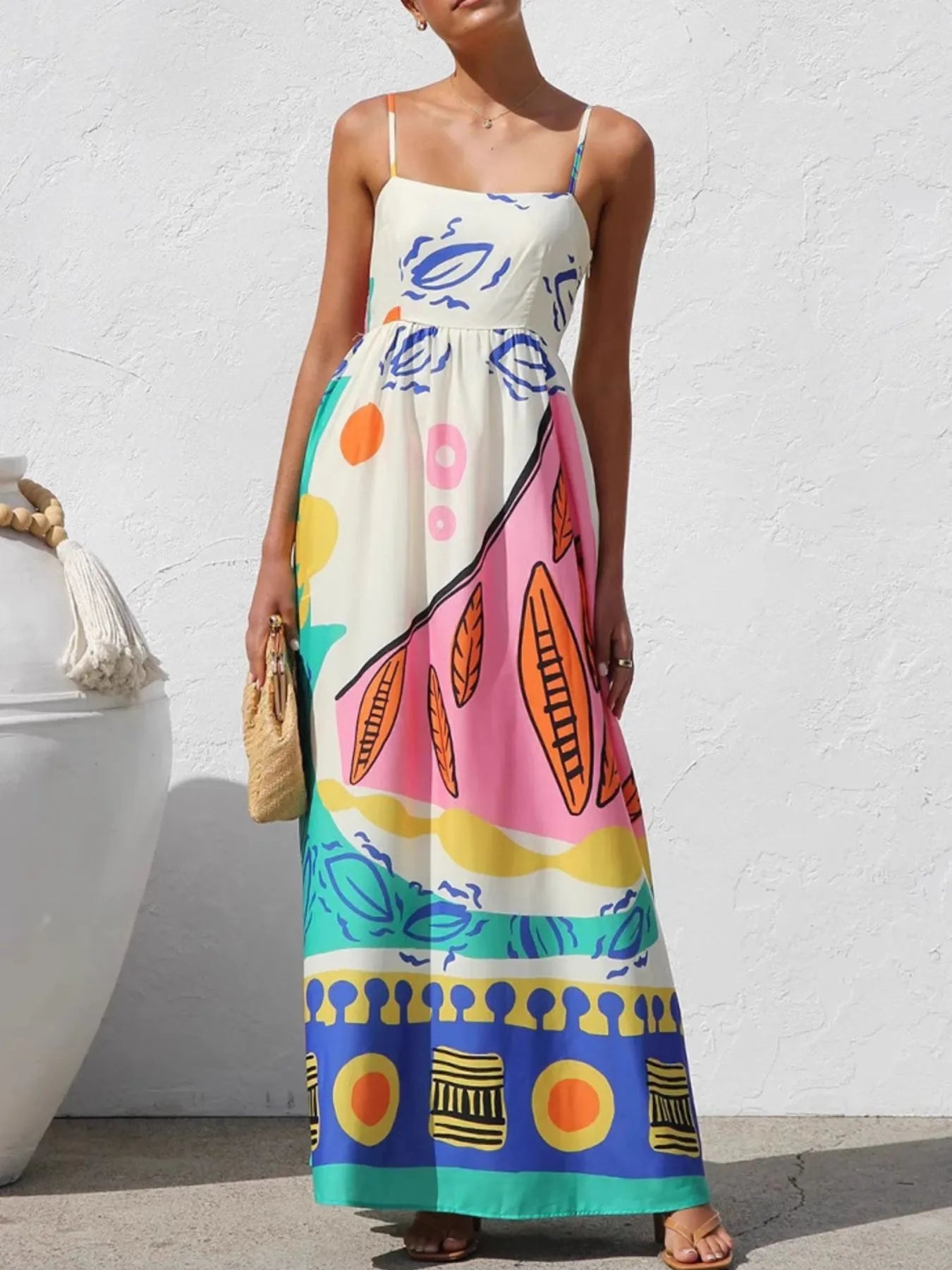 Printed Square Neck Maxi Cami Dress - Tiered.