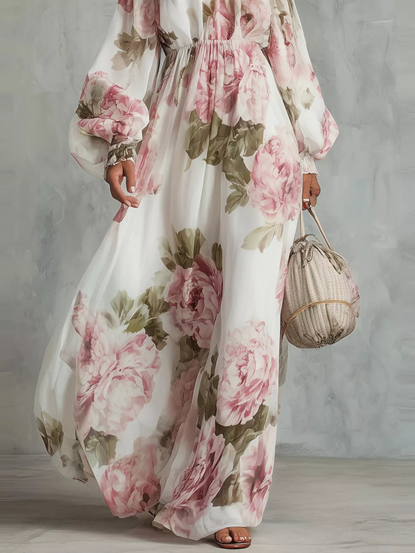 White floral off-shoulder maxi dress with smocked waist, ruffled details, and long flowy sleeves