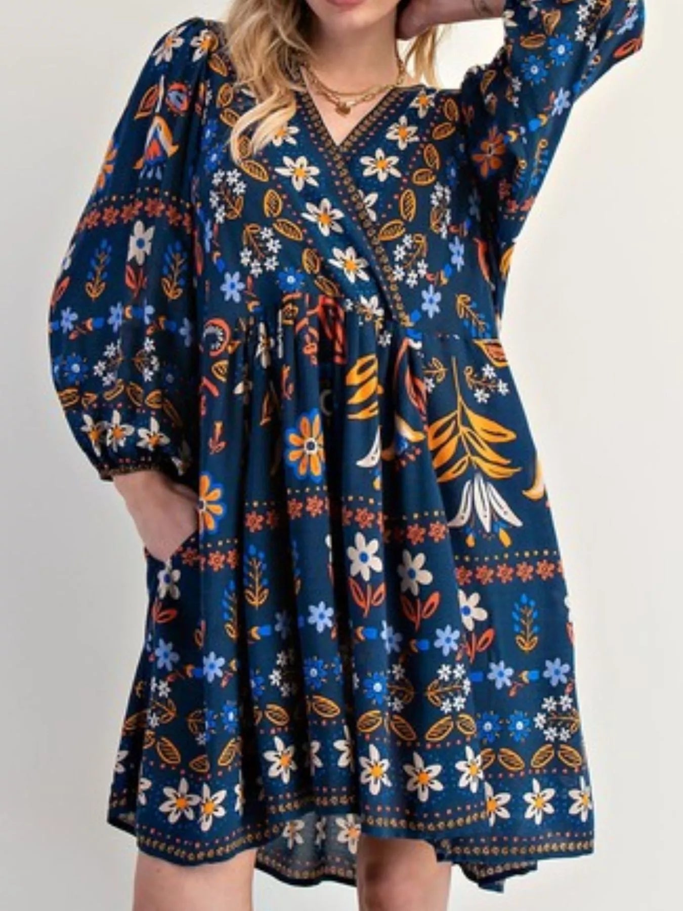 Bohemian Floral Print Long Sleeve Mini Dress with Pockets.