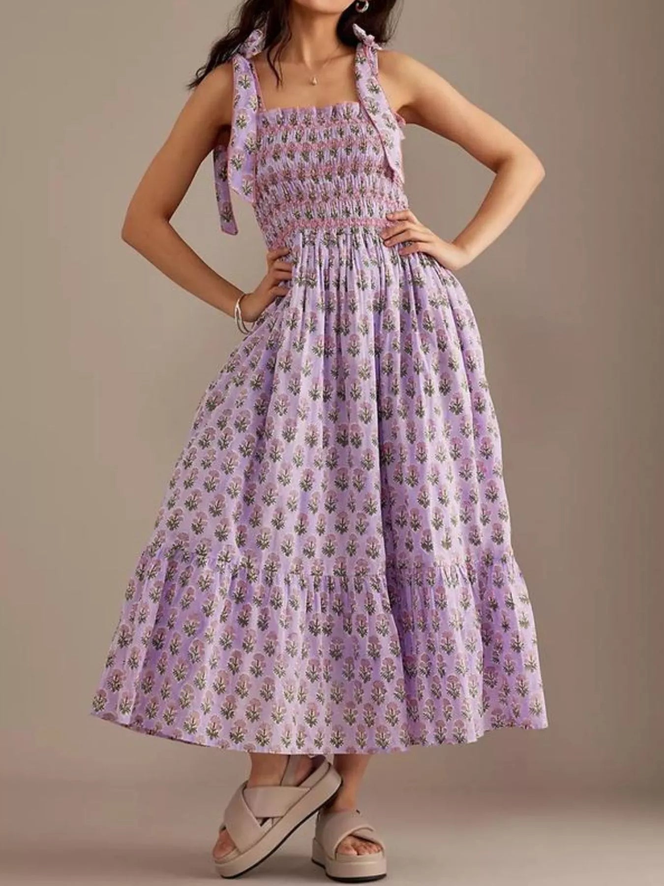 Floral Square Neck Puff Sleeve Maxi Dress with Ruffle Hem.