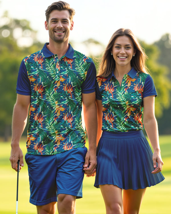 Family & Couples Matching Golf Polos - Blue Tropical Leaves