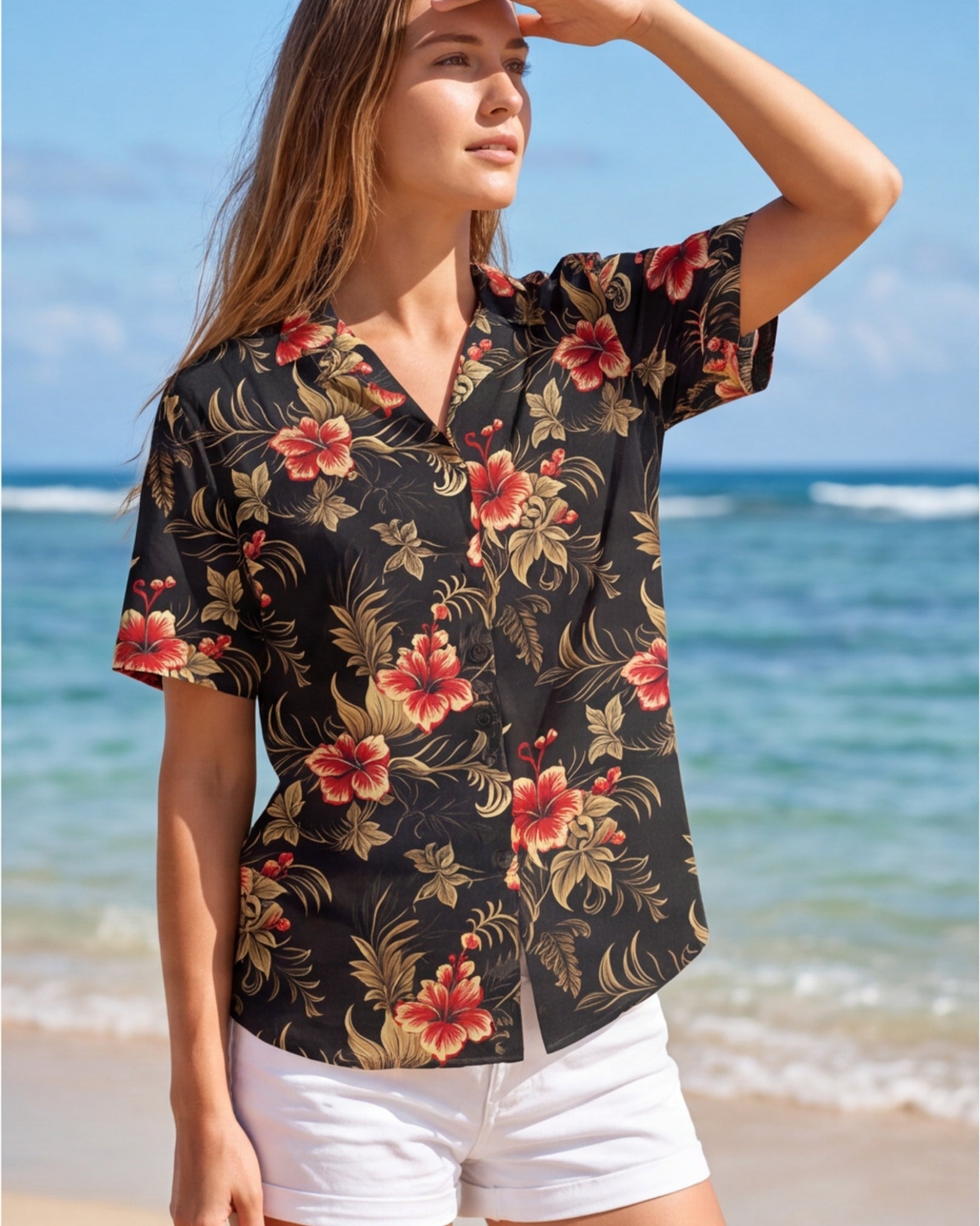 Womens Hawaiian Shirt - Midnight Hibiscus