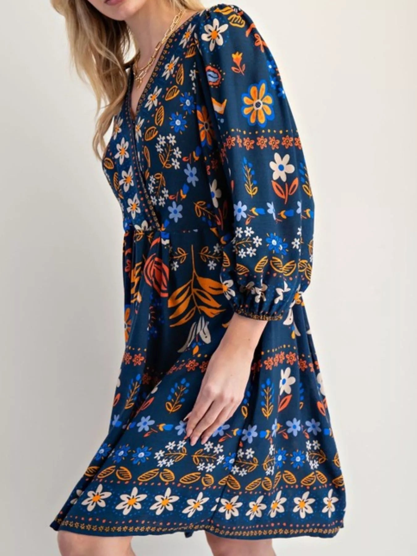 Bohemian Floral Print Long Sleeve Mini Dress with Pockets.