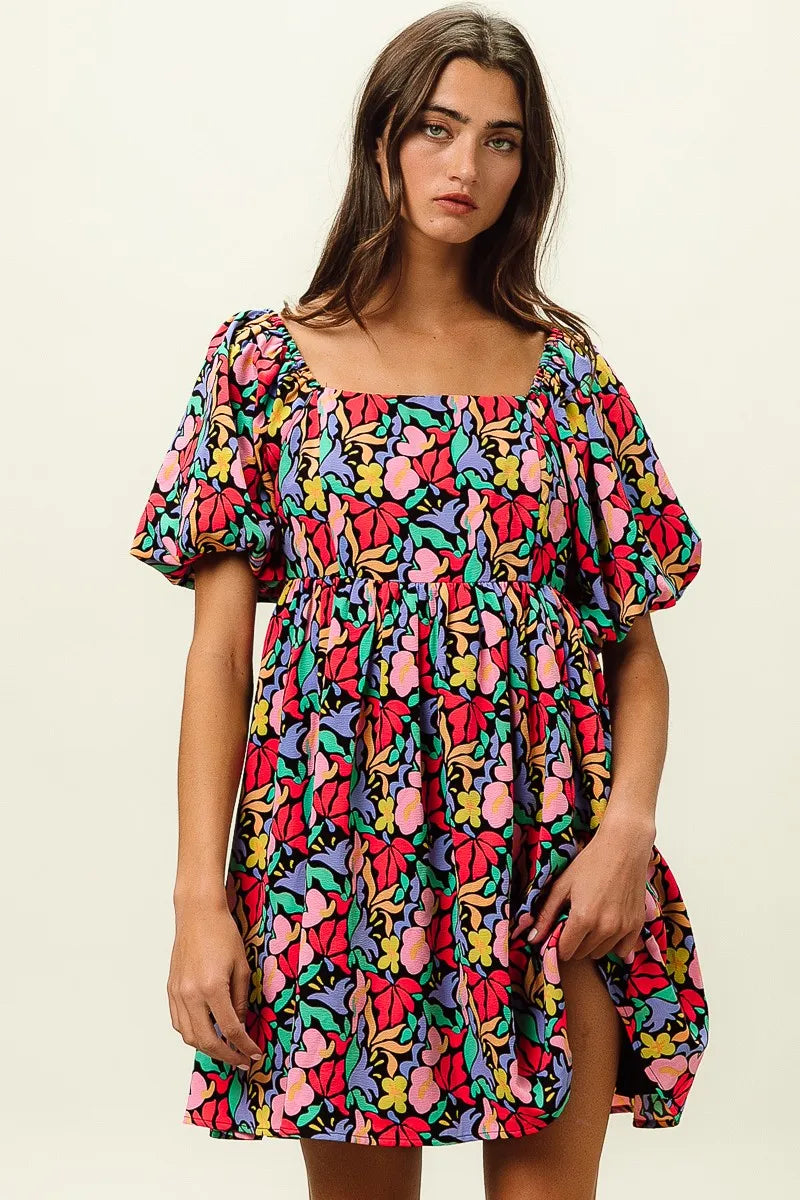 Floral Print Ruffled Hem Dress - Cutout & Tied.