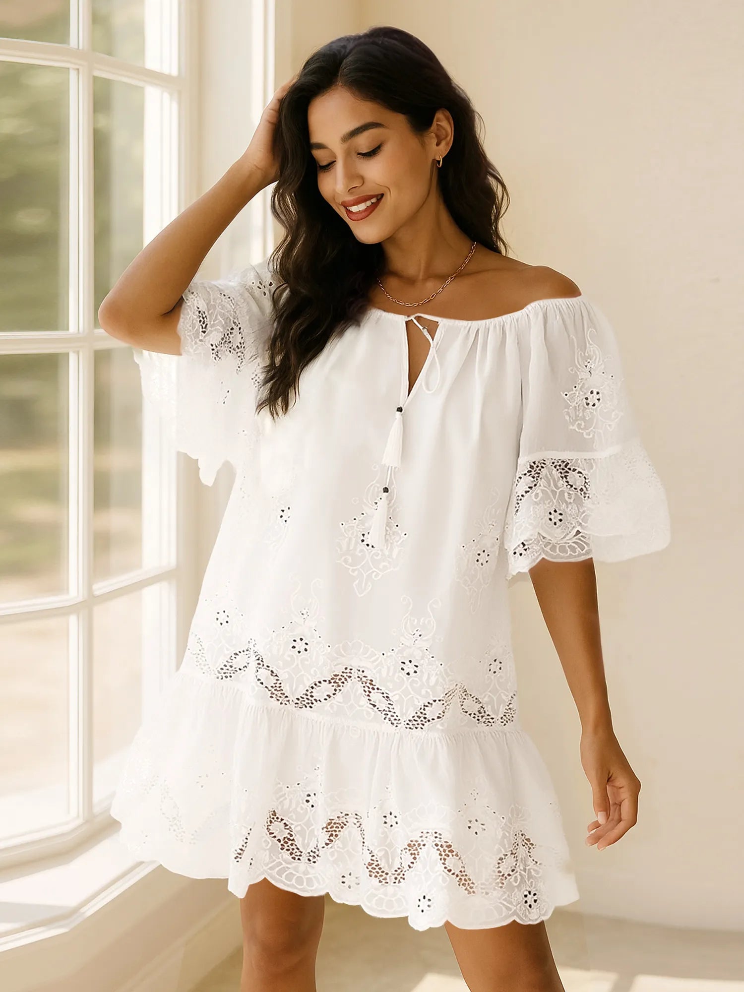Eyelet Embroidered Tassel Tie Neck Dress - Ruffled.