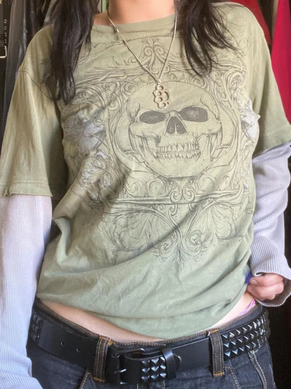 Skull Round Neck Long Sleeve Fake Two Pieces T-Shirt