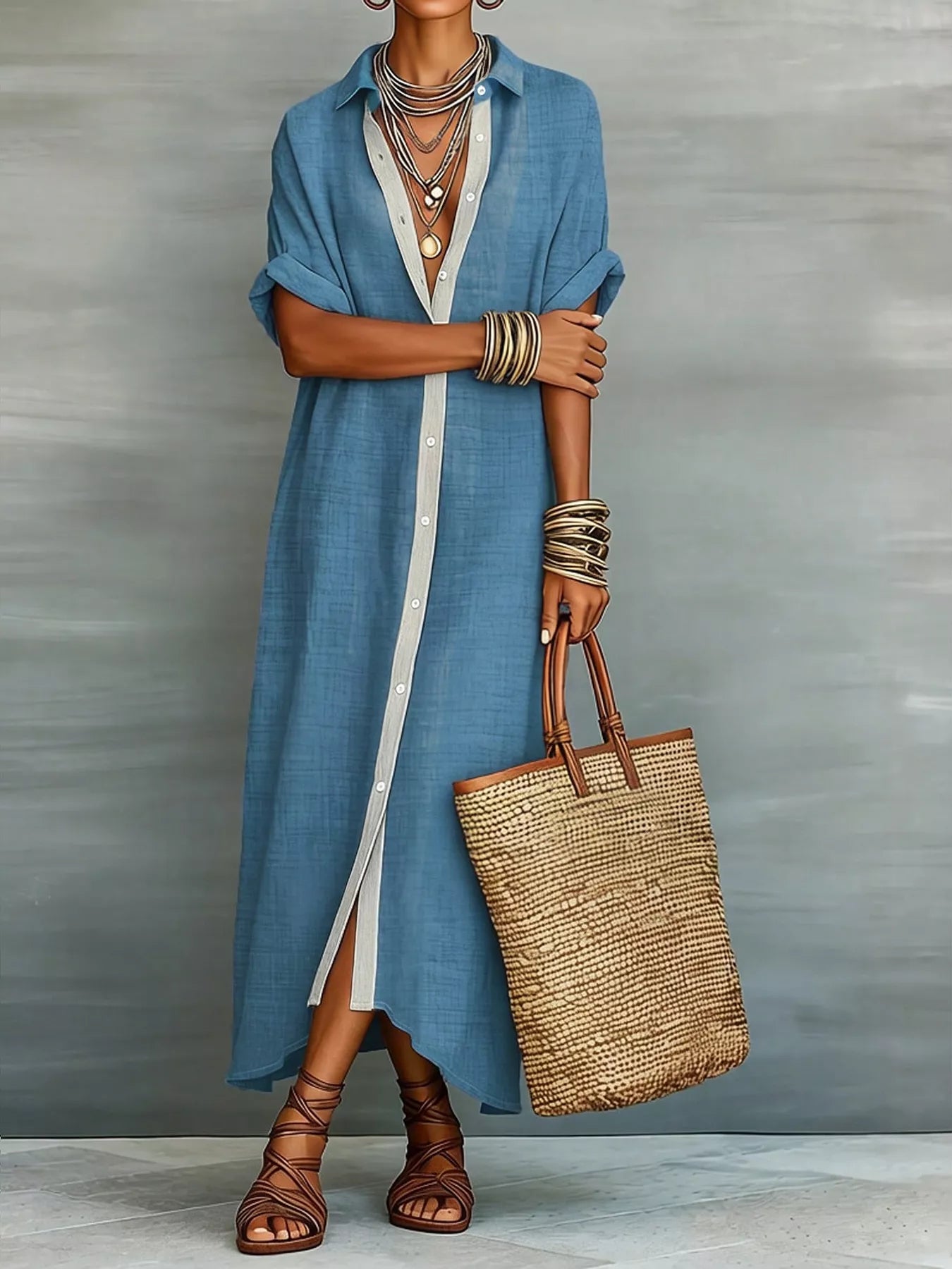 Beige maxi shirt dress with collared neckline, button-down front, short sleeves, and relaxed fit