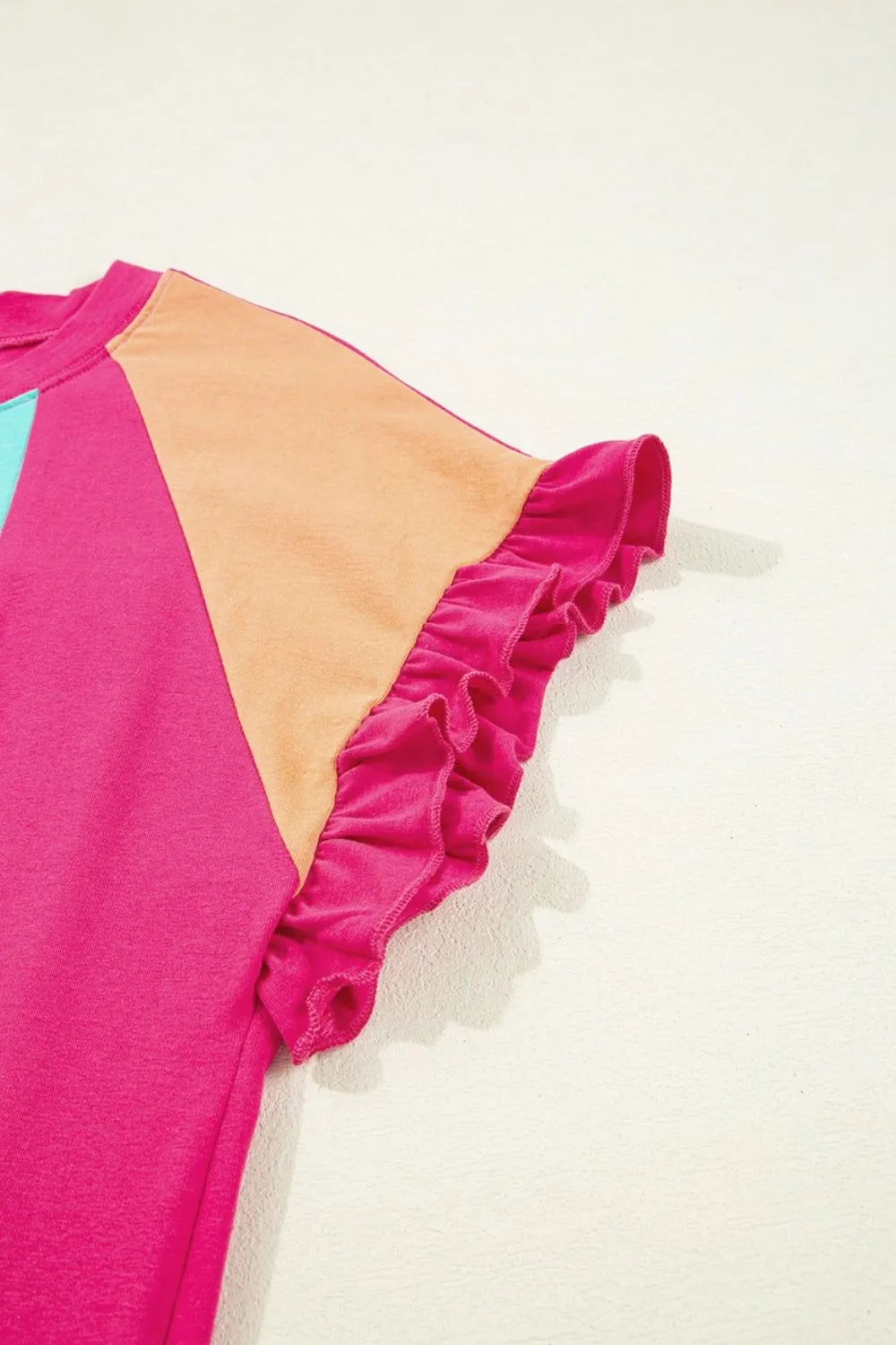 Frill Color Block Crew Neck Loose Fit T Shirt