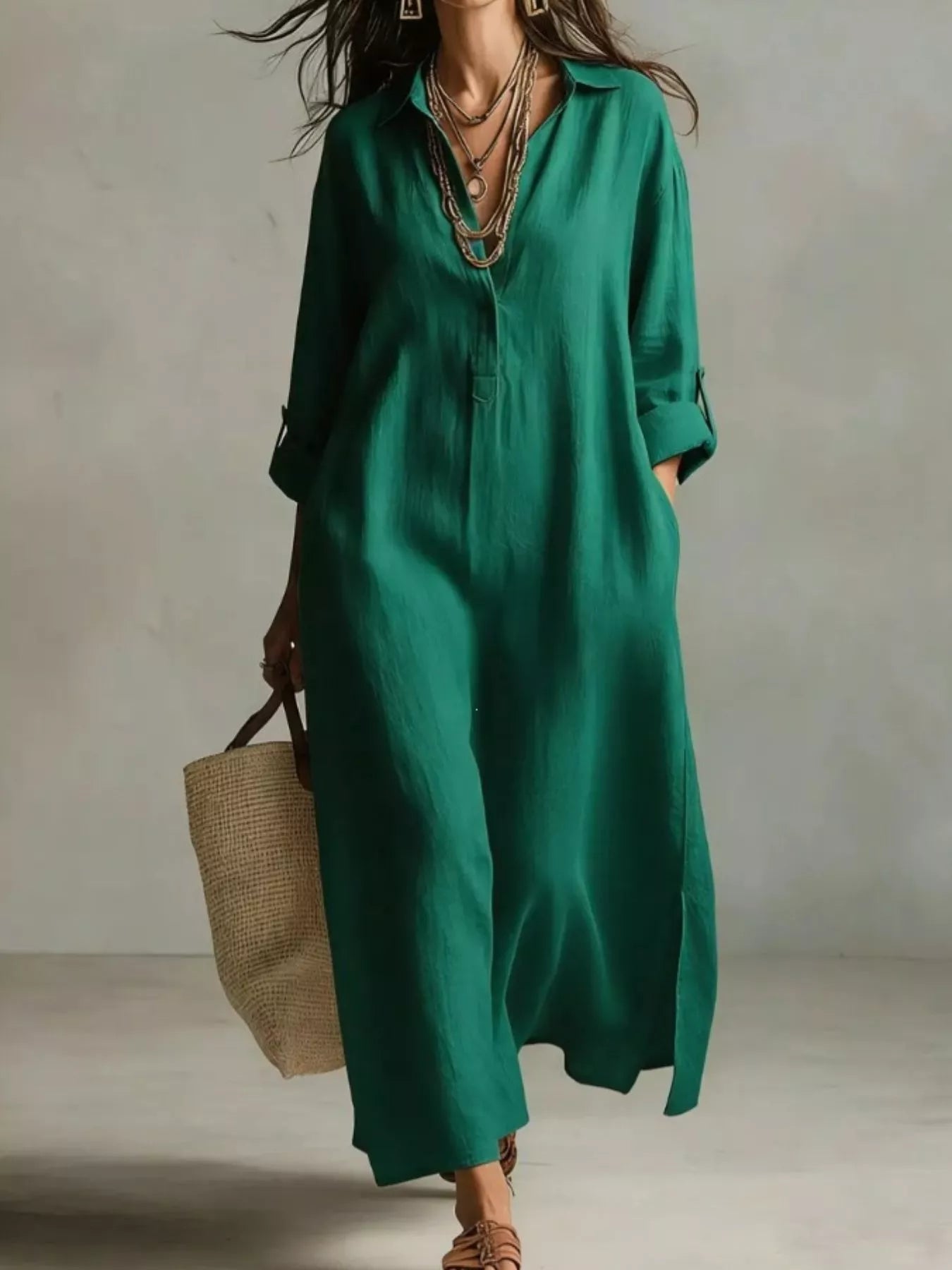 Relaxed plus-size cream midi shirt dress with collar, pockets, button front, and short sleeves