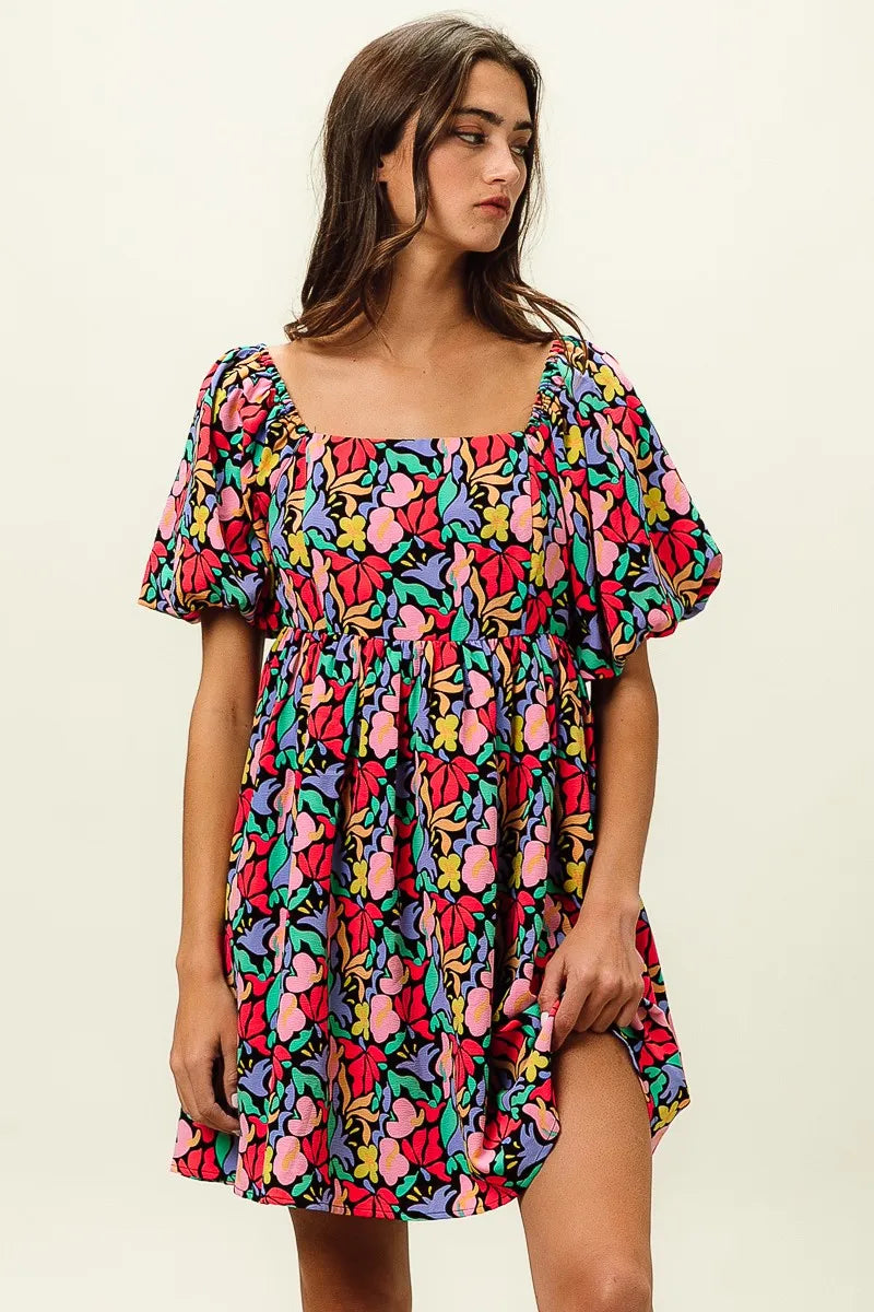 Floral Print Ruffled Hem Dress - Cutout & Tied.