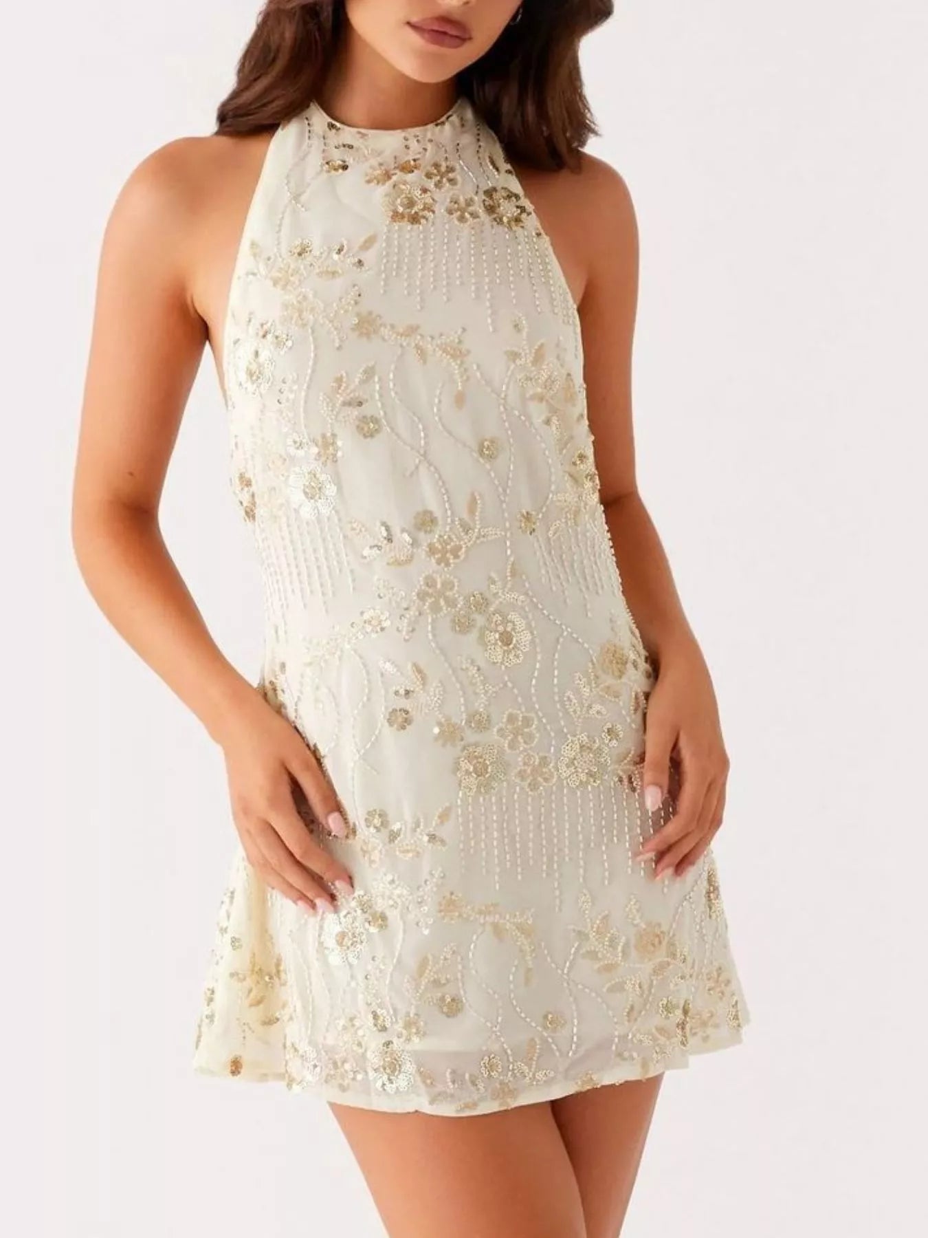 Backless Embroidered Halter Neck Mini Dress - Tied.