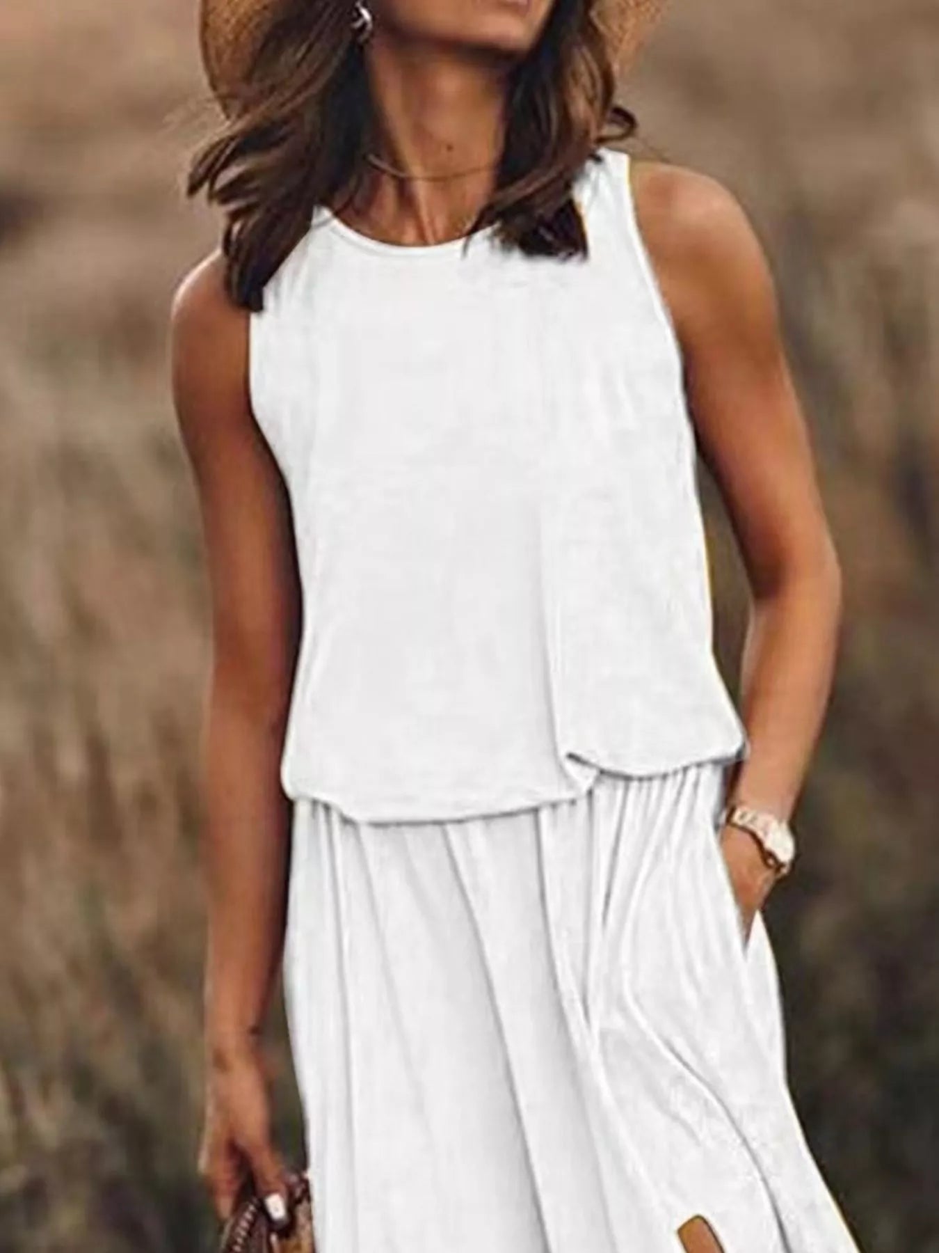 Umgee Navy Round Neck Sleeveless Tank Dress with Tie Pockets.