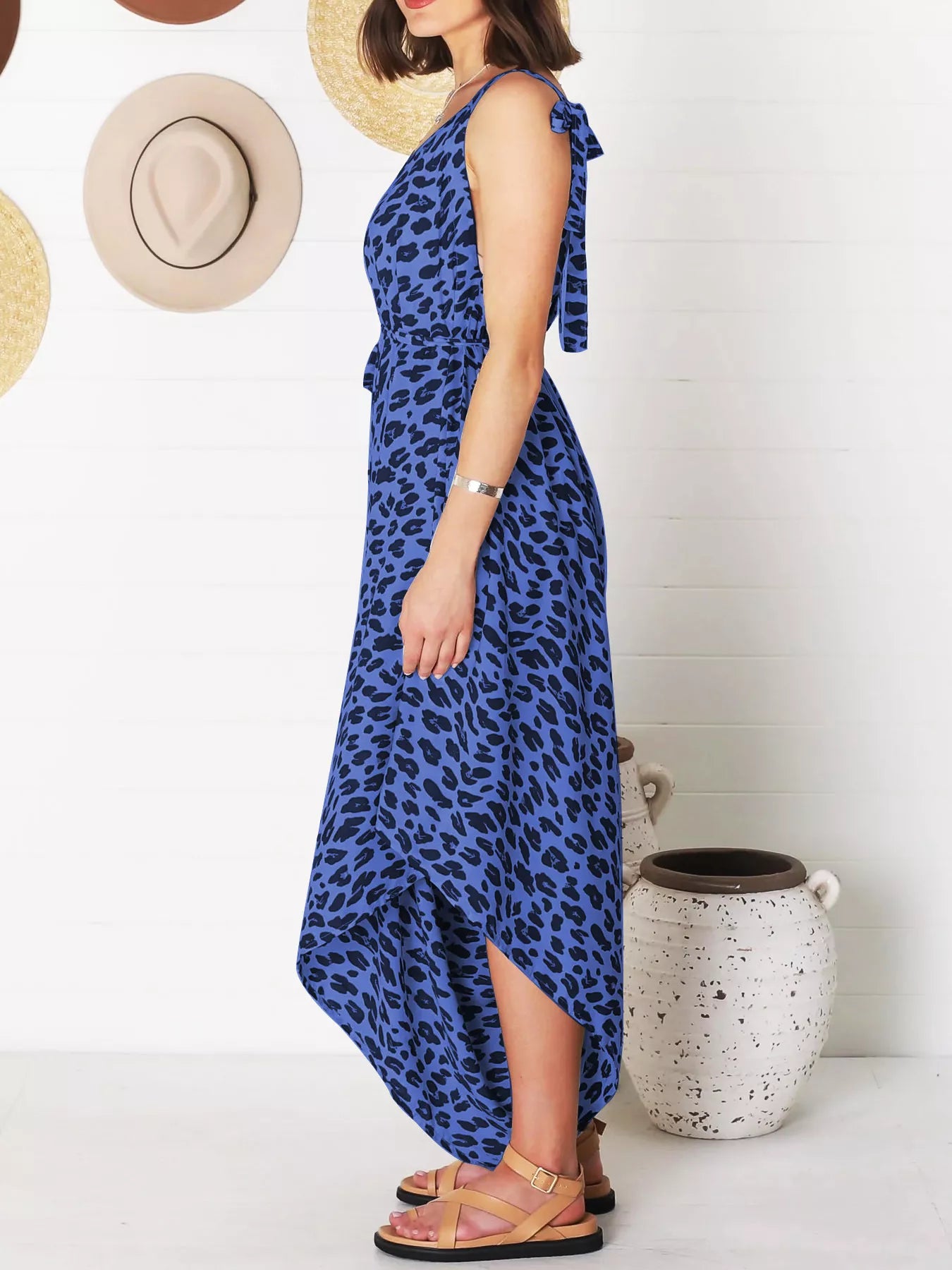 Plus Size Leopard Print V-Neck Wide Leg Jumpsuit with Tie.
