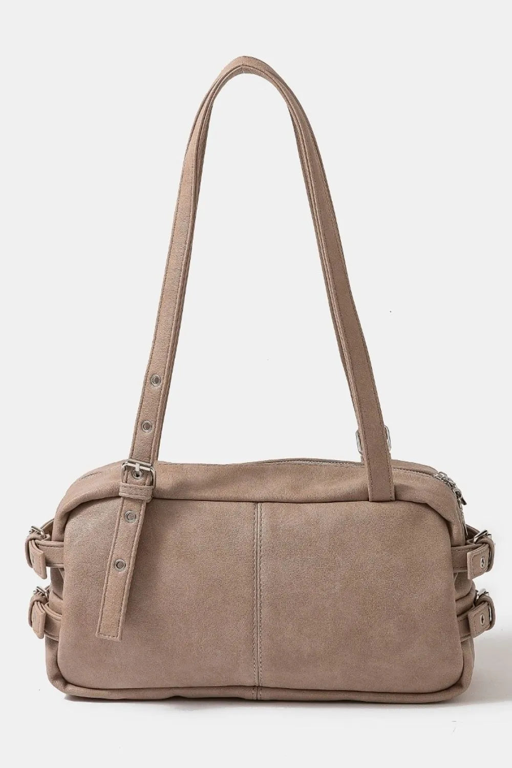 Multi Grommet Belt Strap Rustic Rectangular Hand Bag - Taupe.