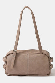 Multi Grommet Belt Strap Rustic Rectangular Hand Bag - Taupe.