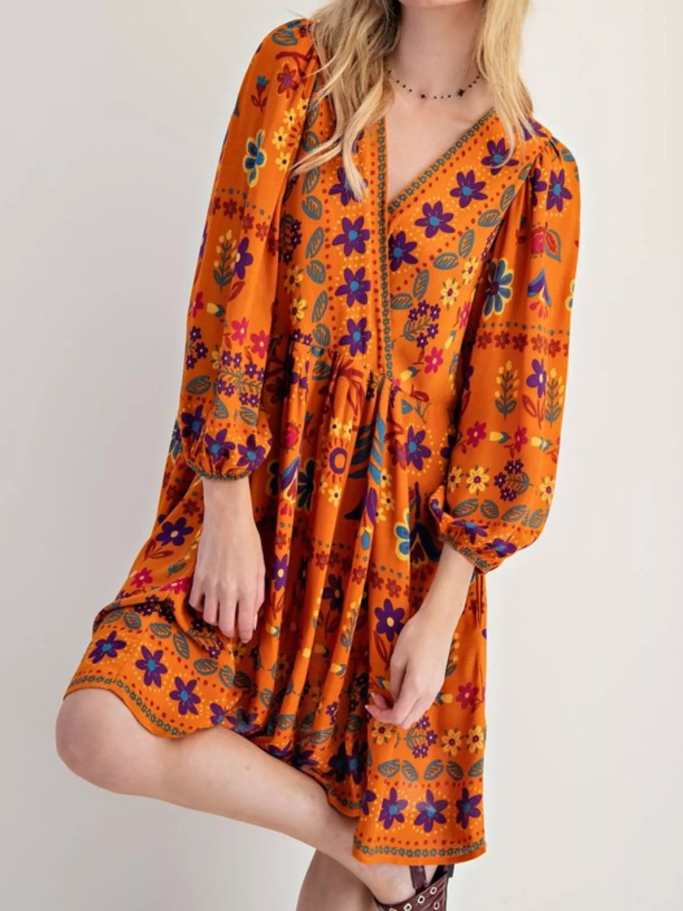 Bohemian Floral Print Long Sleeve Mini Dress with Pockets.