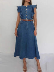 Button-Front Ruffle Sleeve Denim Midi Dress - Belted.