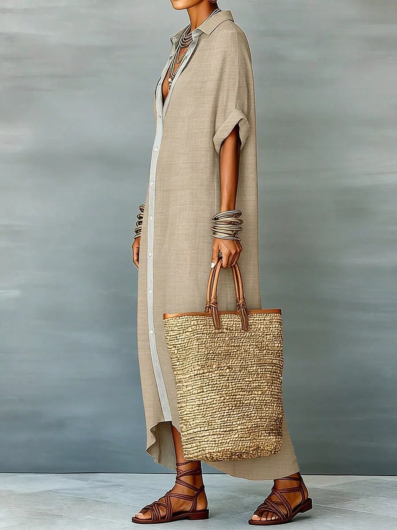 Beige maxi shirt dress with collared neckline, button-down front, short sleeves, and relaxed fit