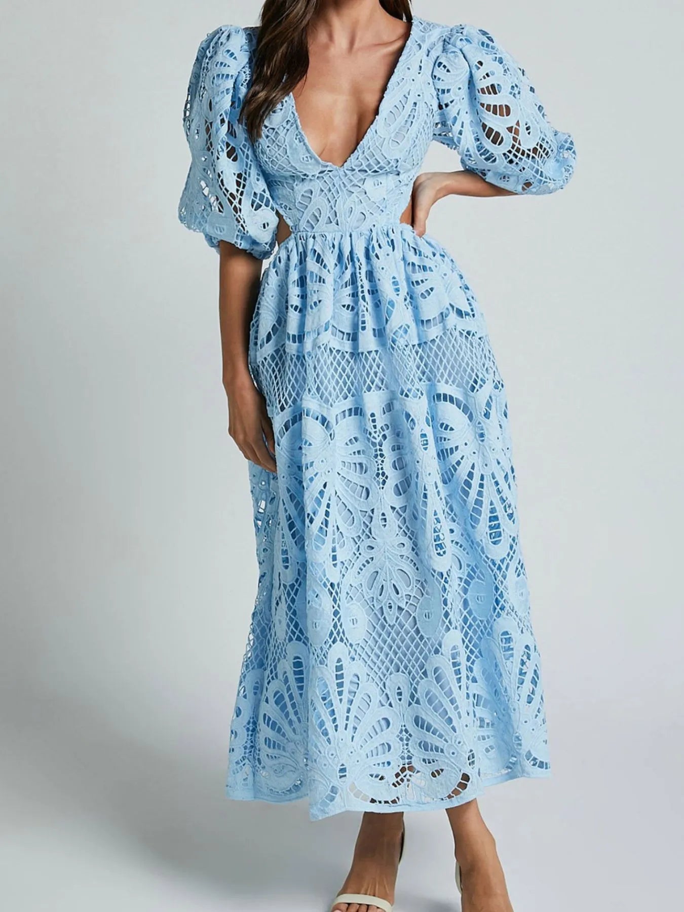 Cutout Back Lace Crochet V-Neck Dress.